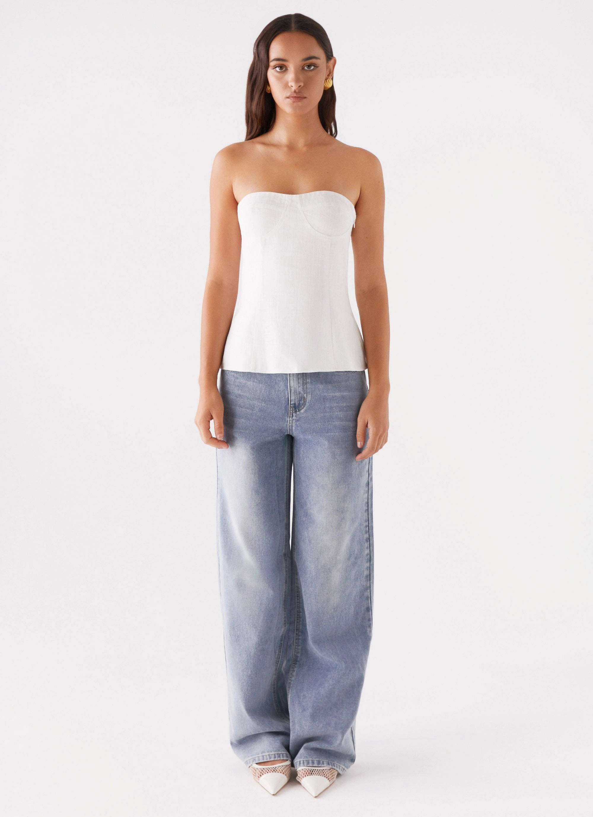BondedShoulderTaping Rennie Linen Bustier Top - White