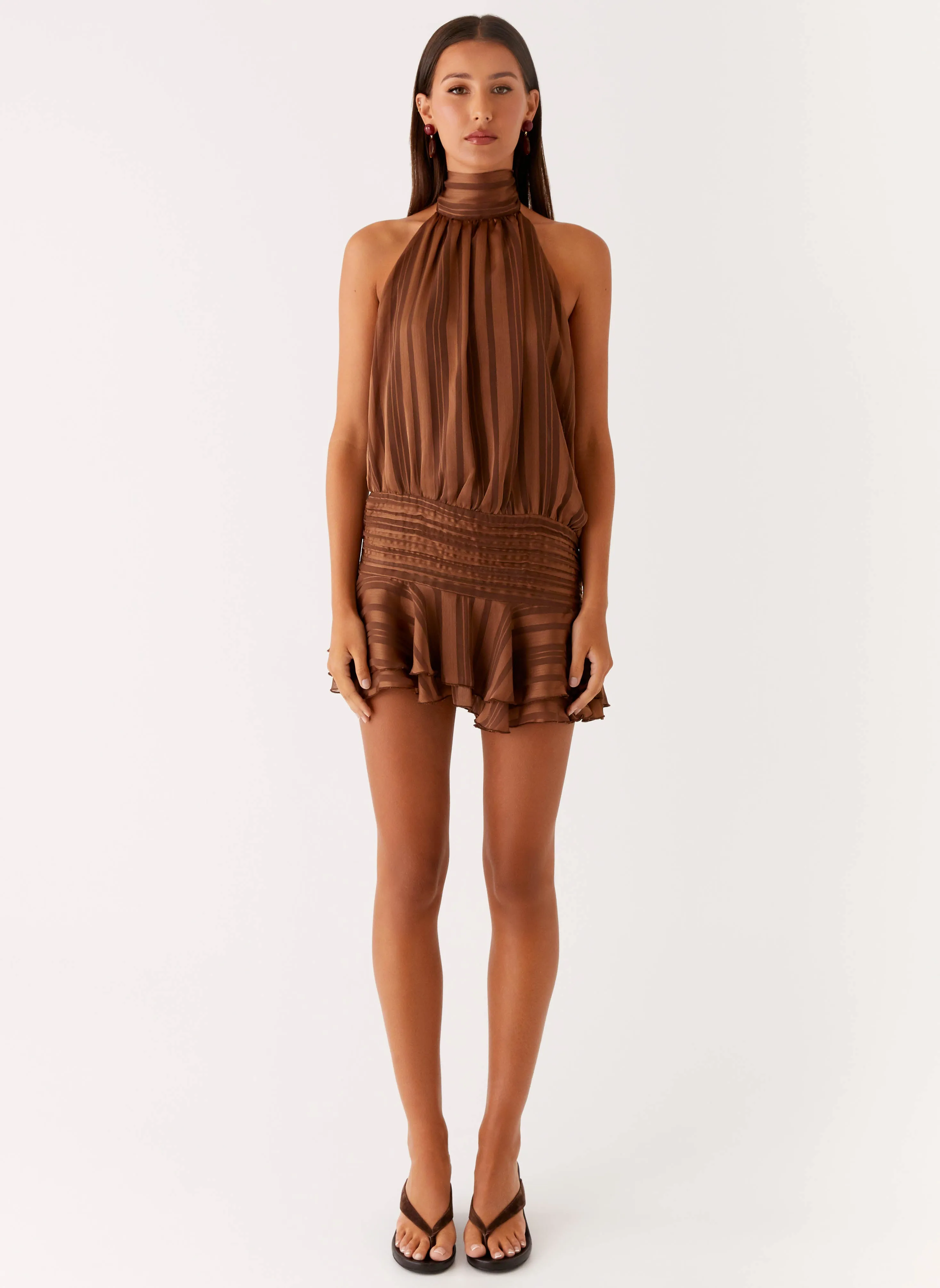 Heart Tone WideCollarDesign Willow Chiffon Mini Dress - Chocolate