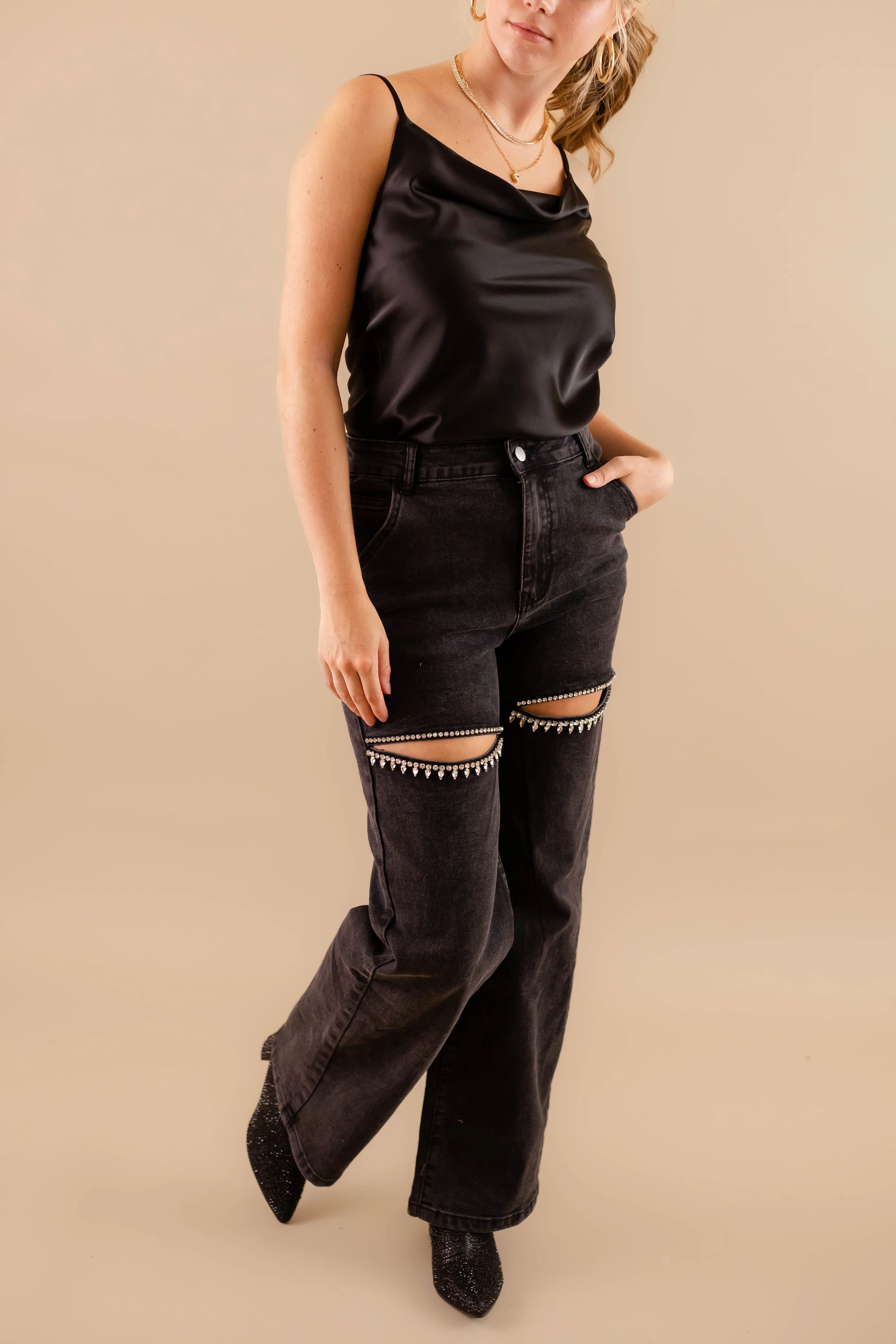 RESTOCK: Big Personality Rhinestone Denim-Black Non Iron Technology