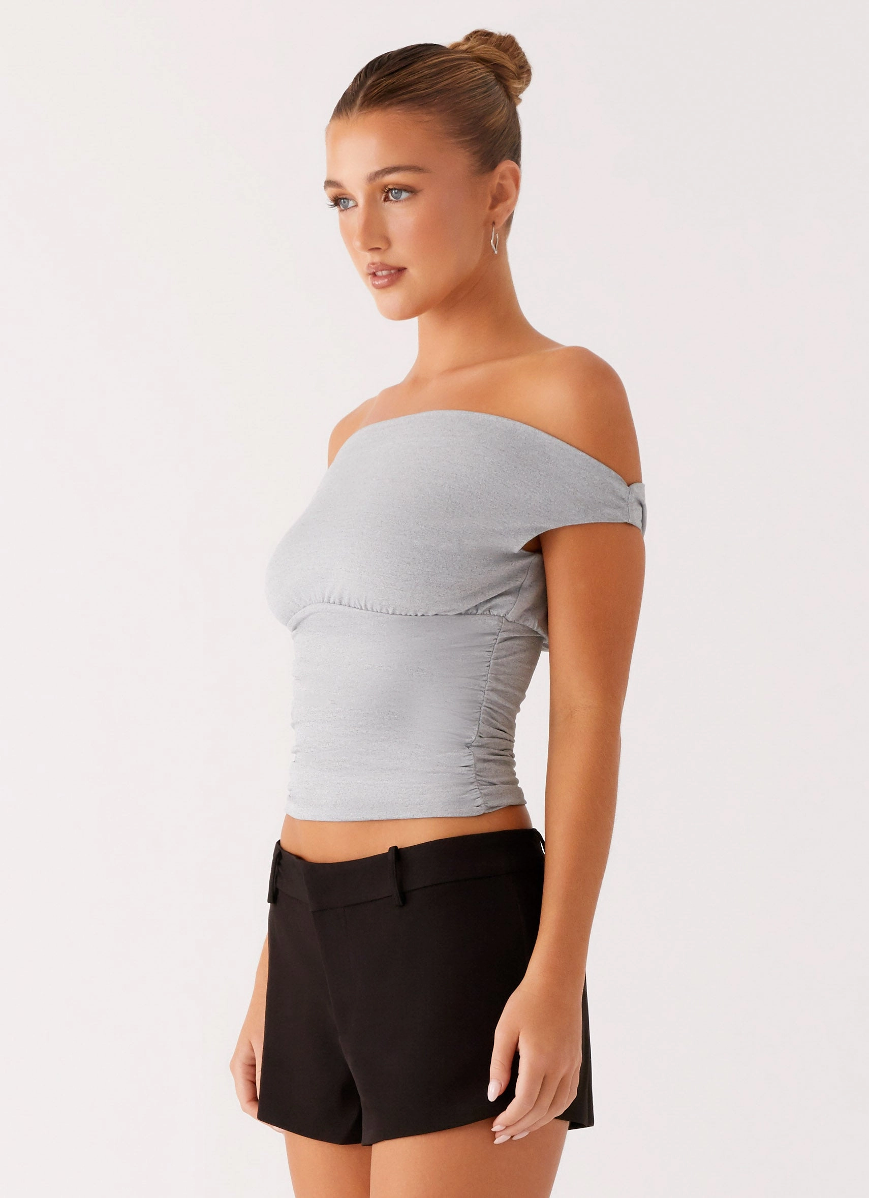 Reva Off Shoulder Top - Grey Moisture Control Technology Ultraviolet Protection Fabric