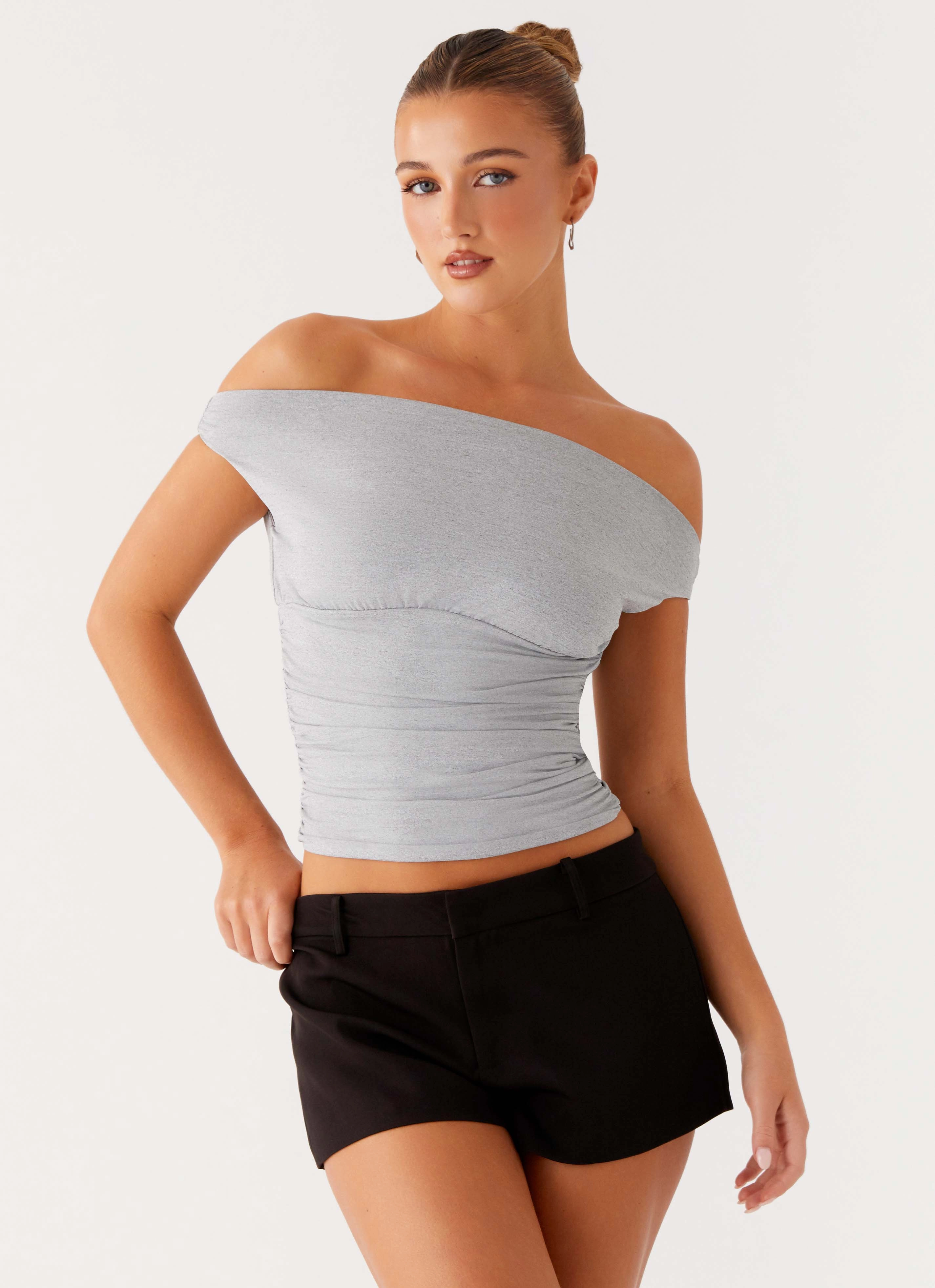 Reva Off Shoulder Top - Grey NoRoll Hem Technology Anti Pilling Treatment