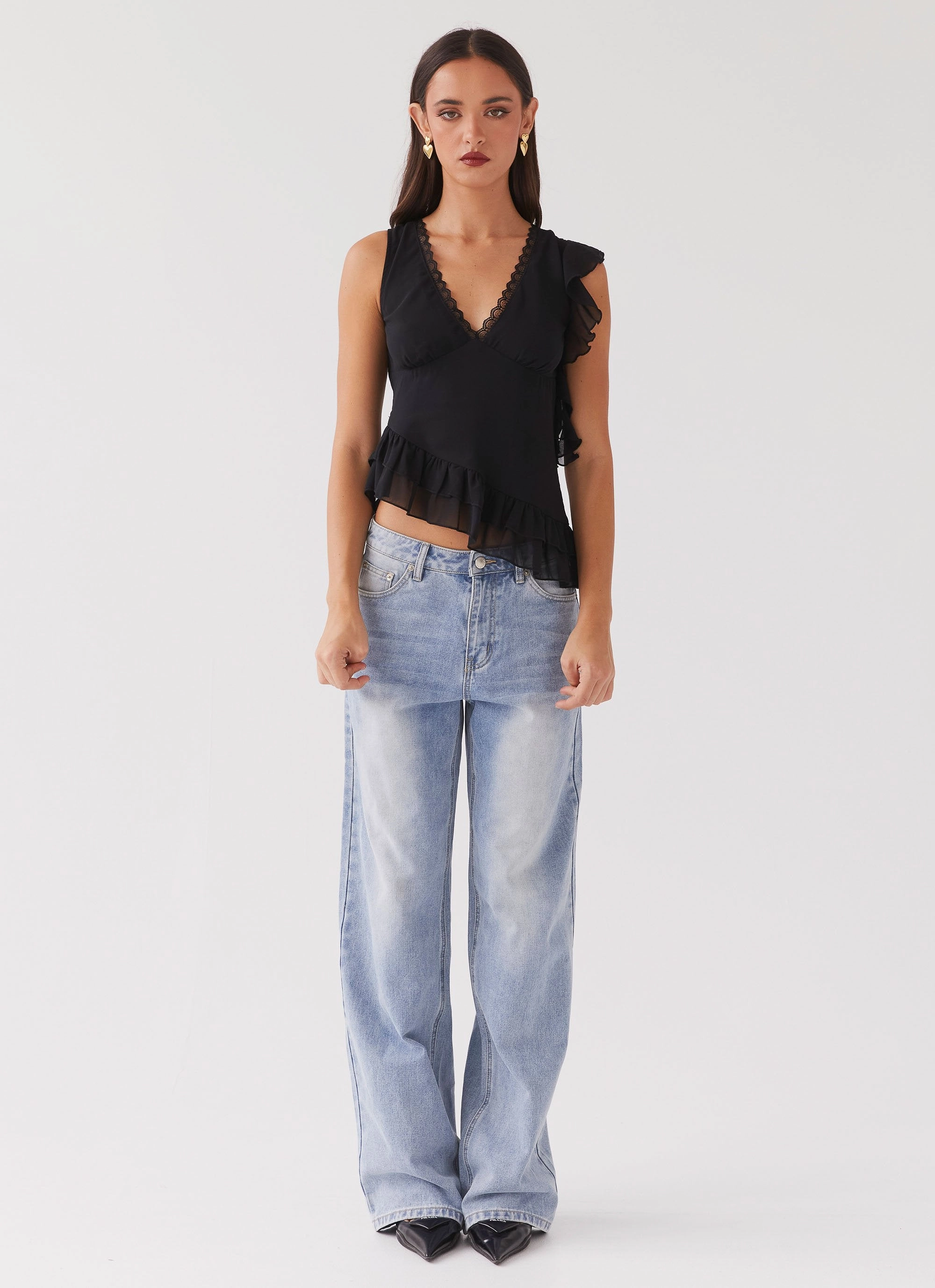 Empress Frill Trim Top - Black Mid Length Cut