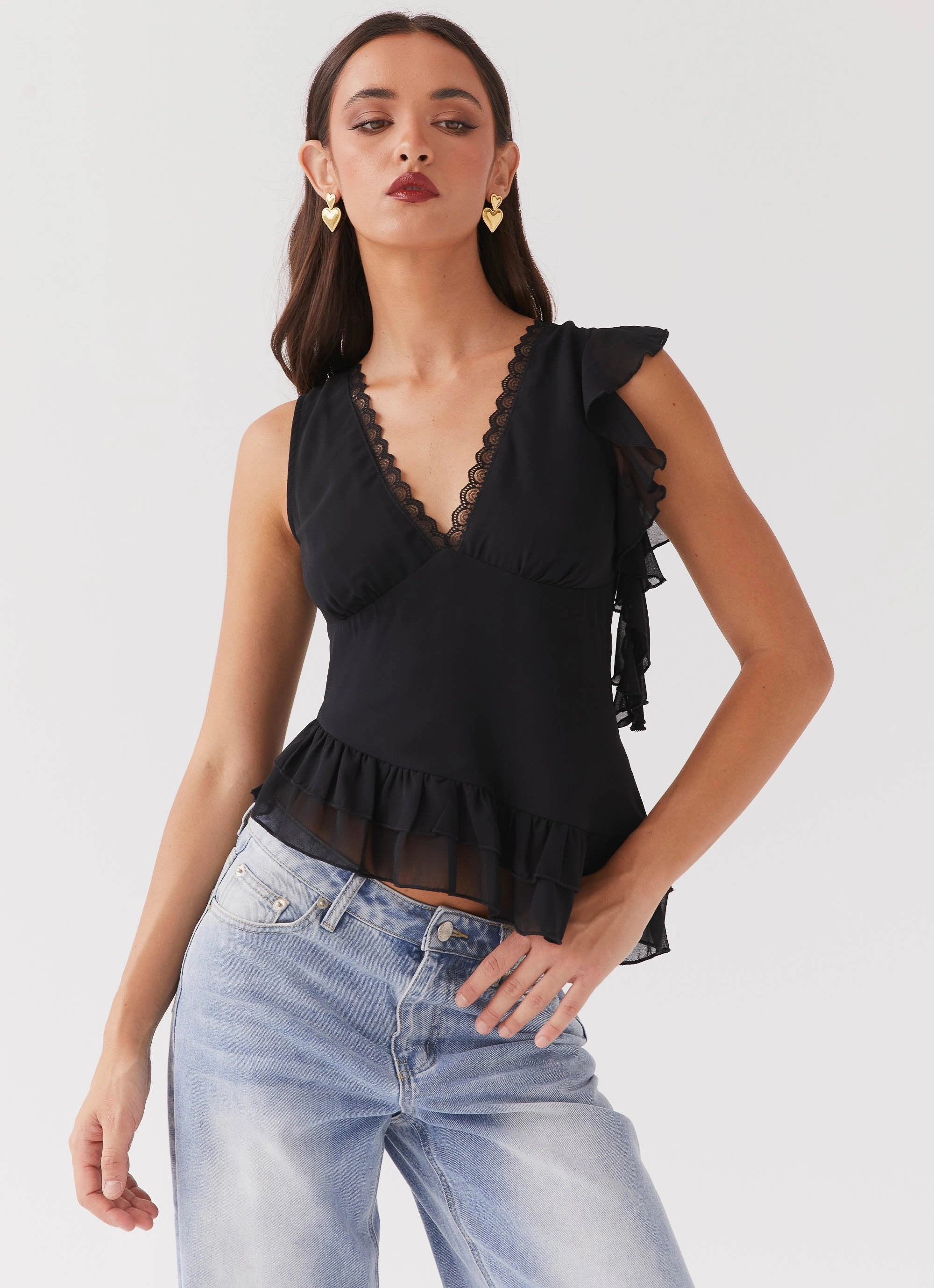 Breathable Outer Shell Easy Comfort Empress Frill Trim Top - Black