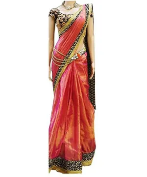 Rewa Enterprises Paper Silk Embroidered Party Wear Designer Fancy Saree With Blouse Piece - Orangi-pink colour
