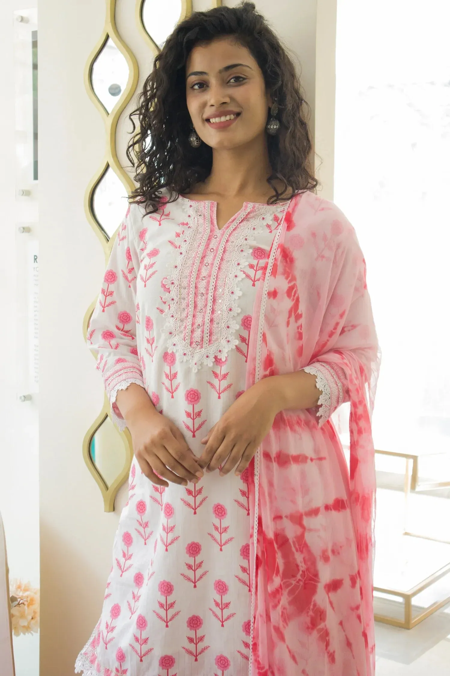RFSS1137 - Full Suit in Cotton in White with Pink Floral print. Comes with Printed top and cotton printed Gharara and Chiffon Shibori Dupatta