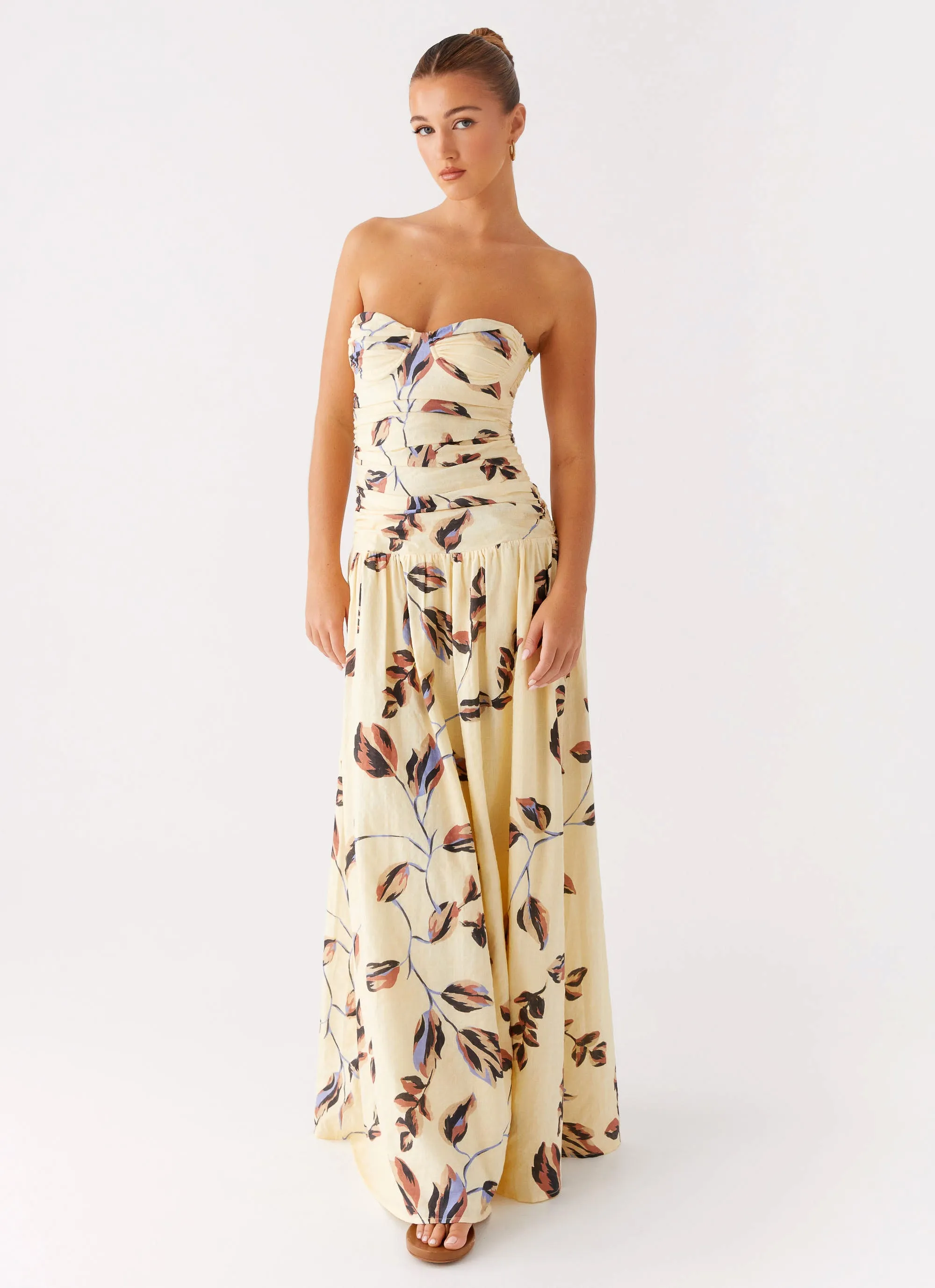 Feminine Charm Rhea Ruched Maxi Dress - Buttercream Bliss