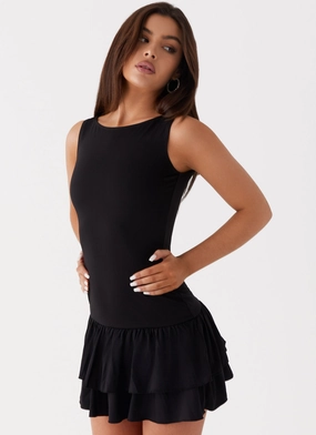 Rhiannon Frill Mini Dress - Black Basic Fashion