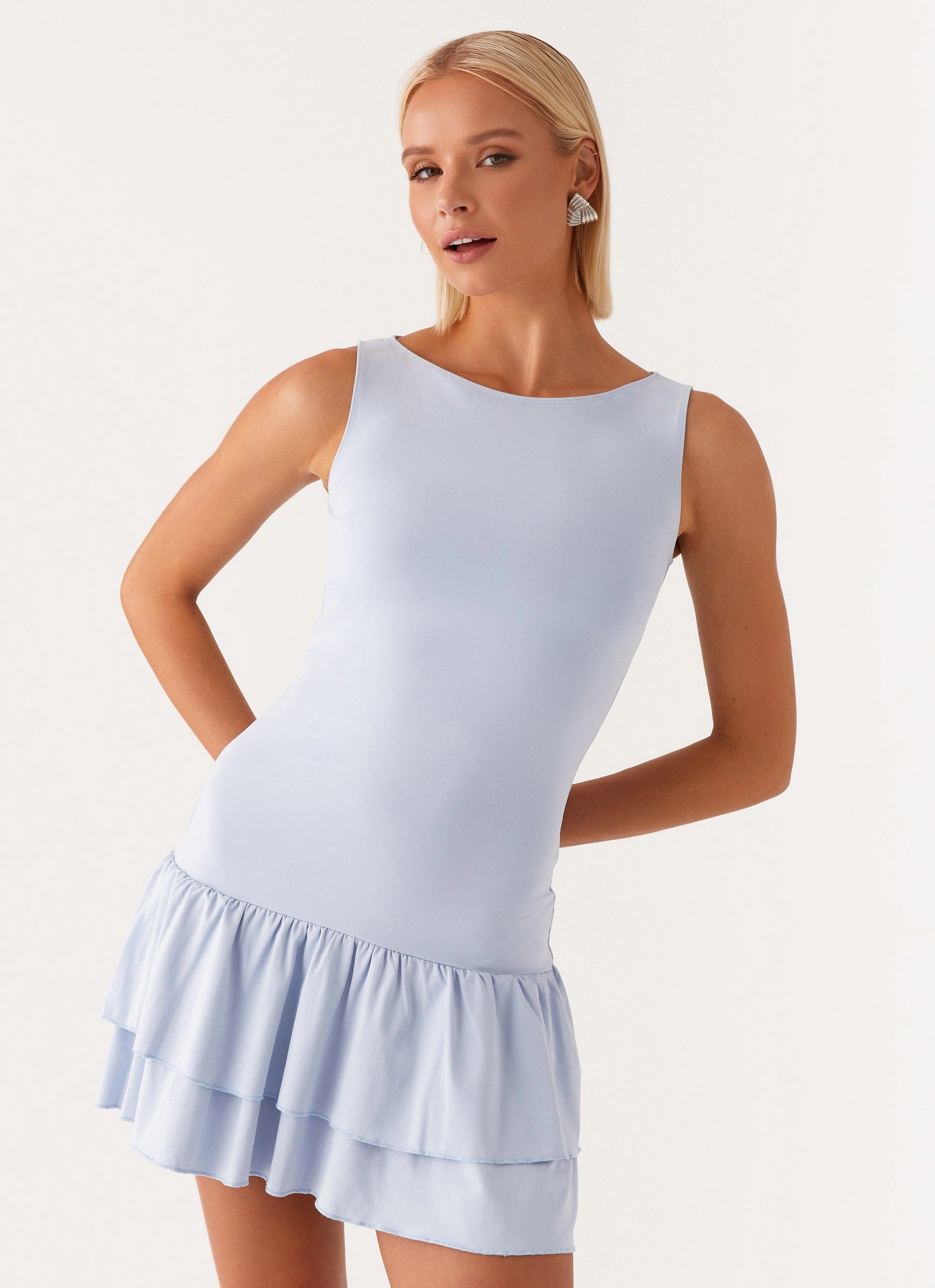 Rhiannon Frill Mini Dress - Blue Soft Outfit Breezy Mood