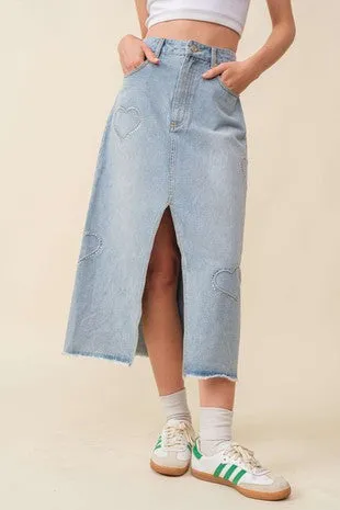 Rhinestone Heart Trim Midi Demin Skirt