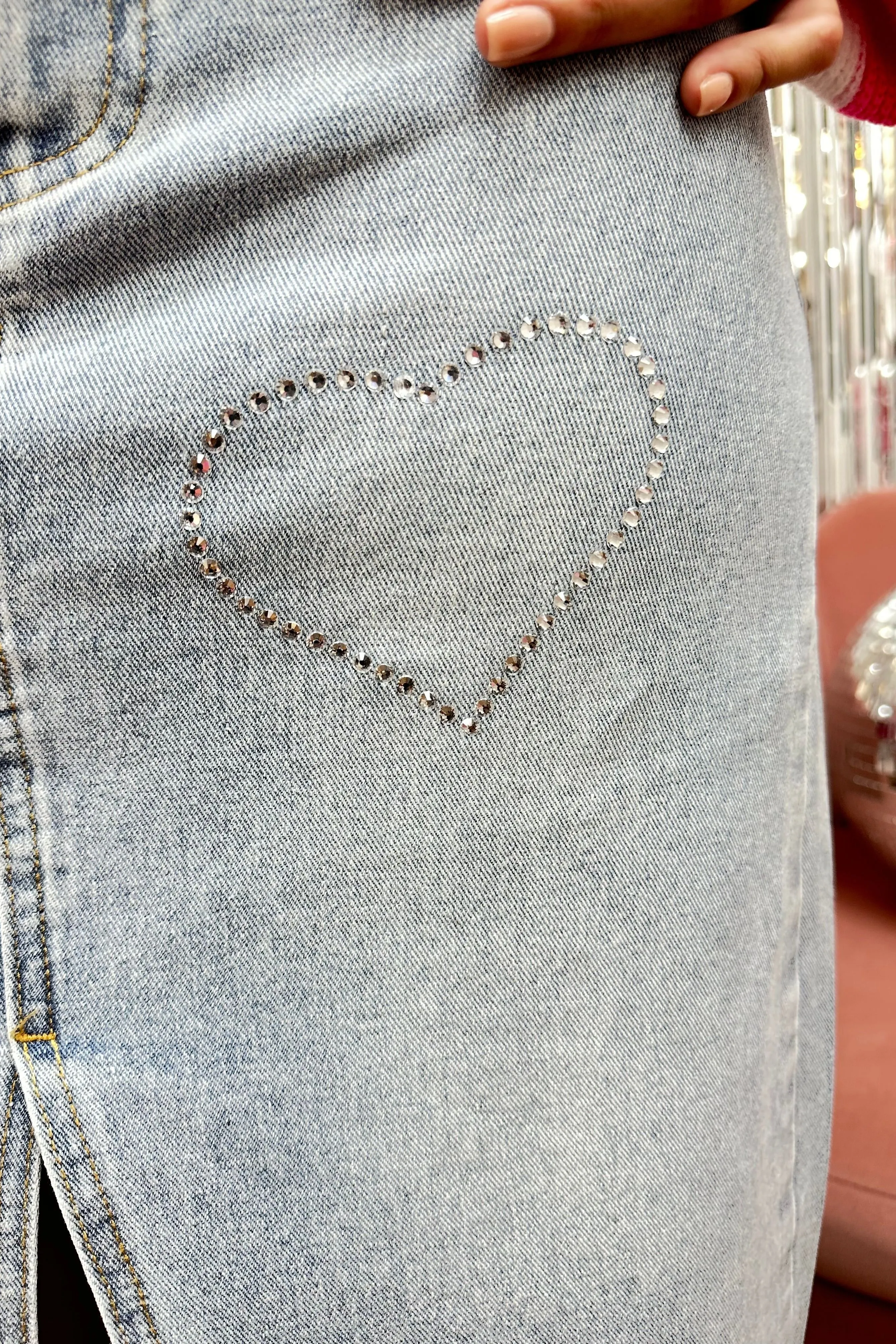Rhinestone Heart Trim Midi Demin Skirt