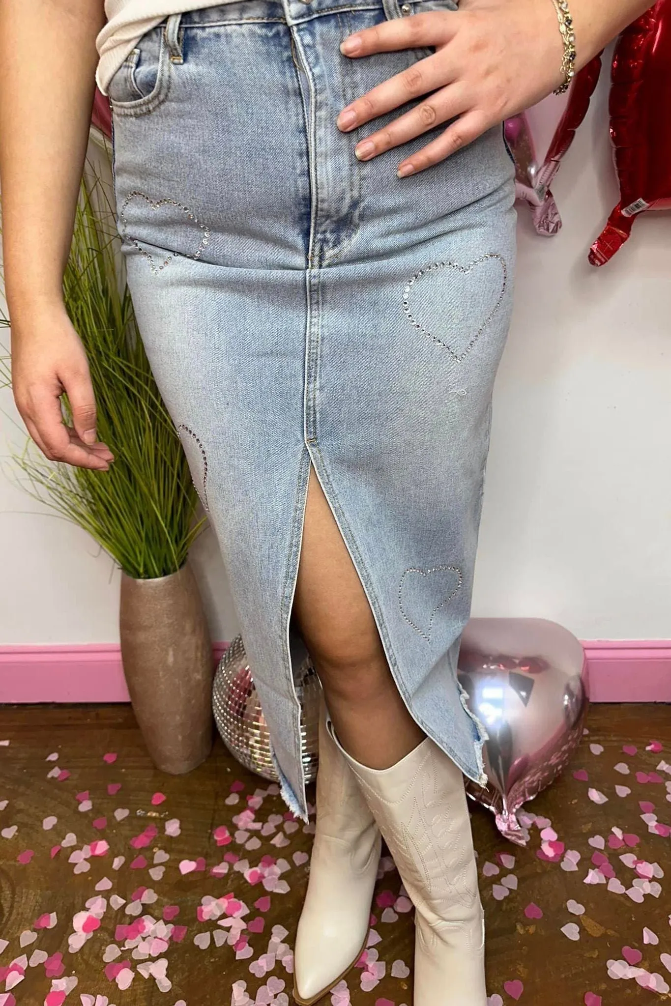 Rhinestone Heart Trim Midi Demin Skirt