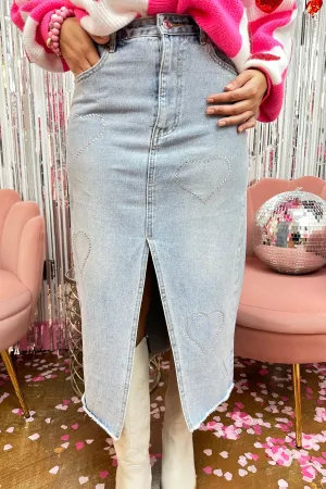 Rhinestone Heart Trim Midi Demin Skirt