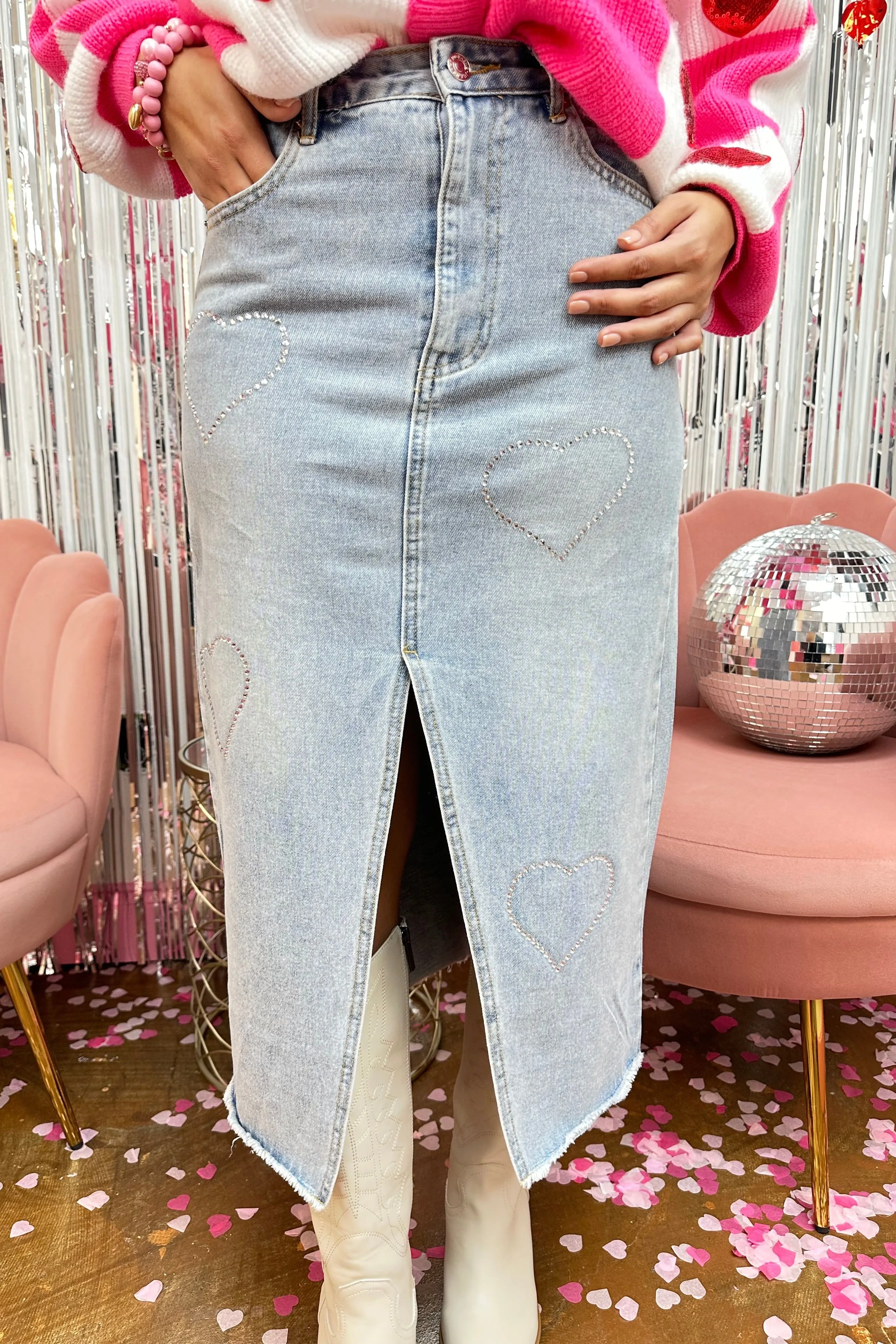 Rhinestone Heart Trim Midi Demin Skirt