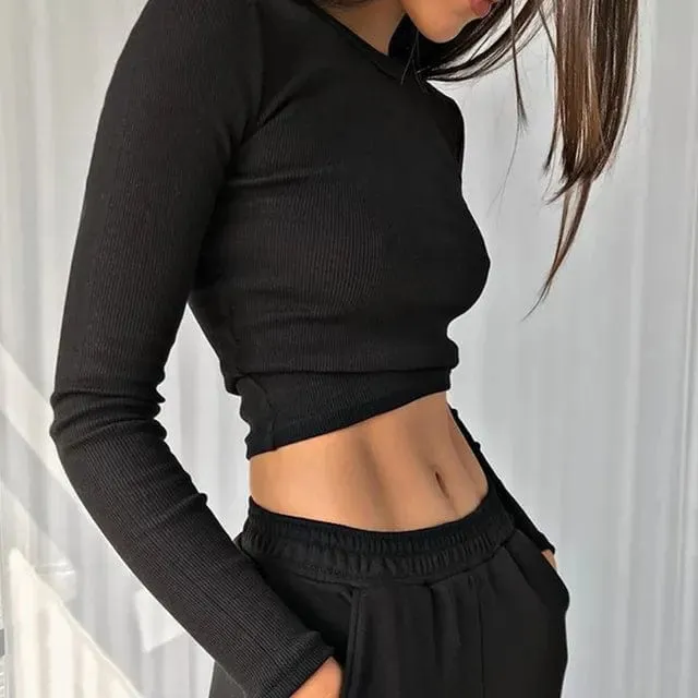 Ribbed Long Sleeve Casual Crop Top Shirt