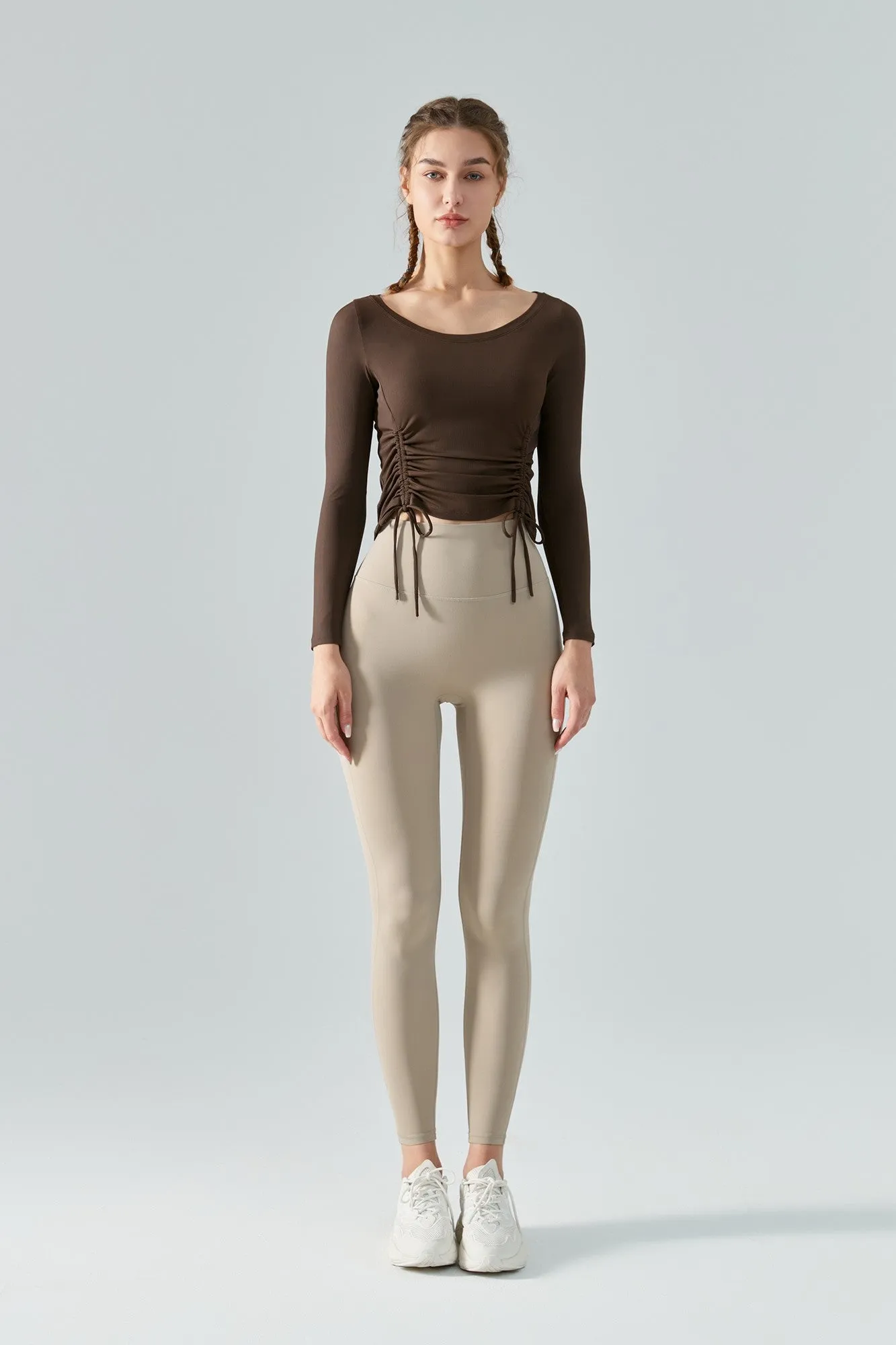 Ribbed Ruched Hem Crop Yoga Top with Drawstring