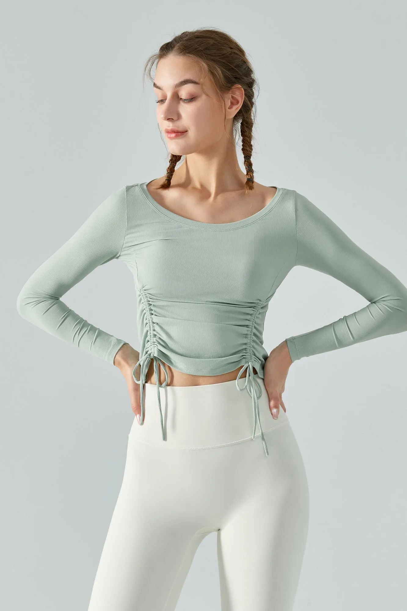 Ribbed Ruched Hem Crop Yoga Top with Drawstring
