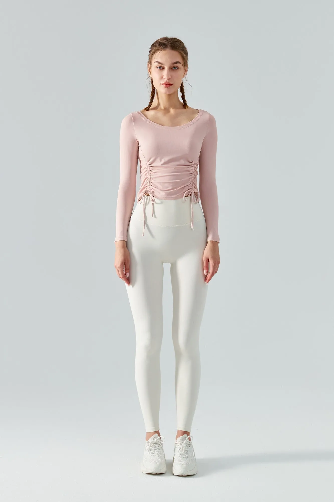 Ribbed Ruched Hem Crop Yoga Top with Drawstring