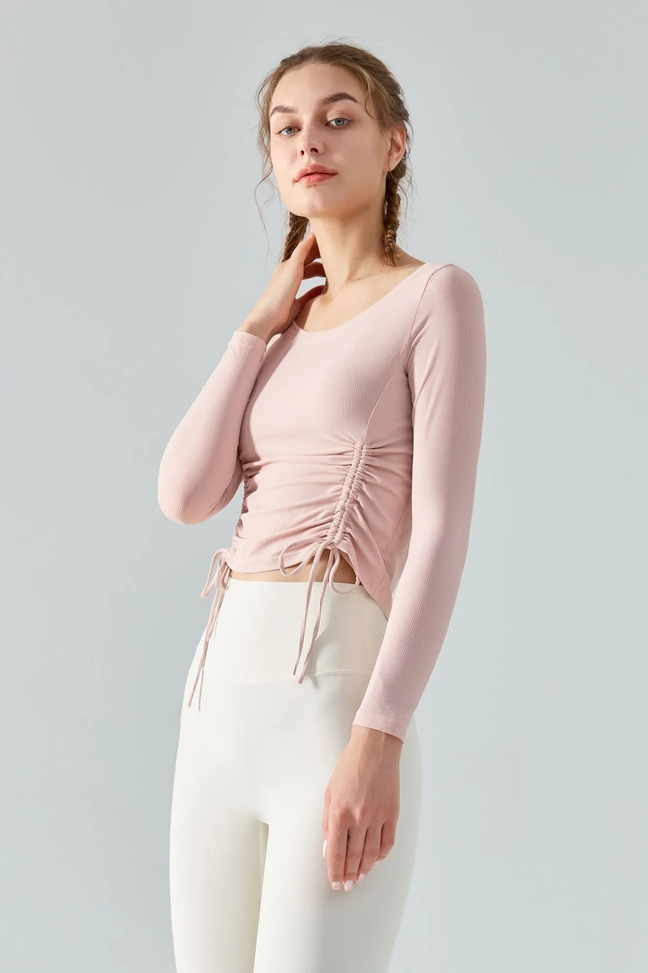 Ribbed Ruched Hem Crop Yoga Top with Drawstring