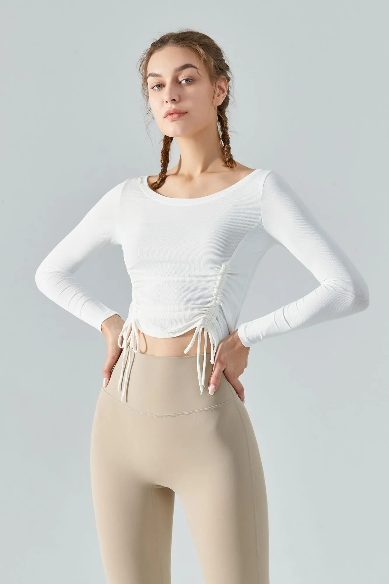 Ribbed Ruched Hem Crop Yoga Top with Drawstring