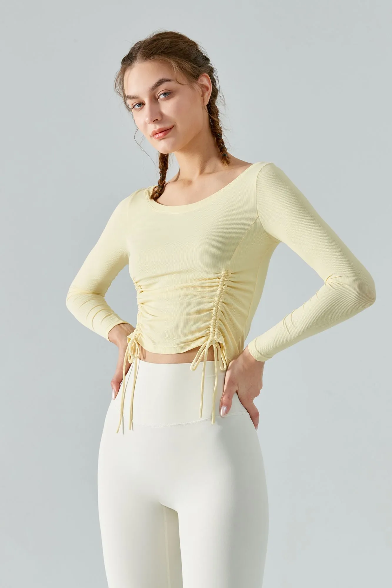 Ribbed Ruched Hem Crop Yoga Top with Drawstring