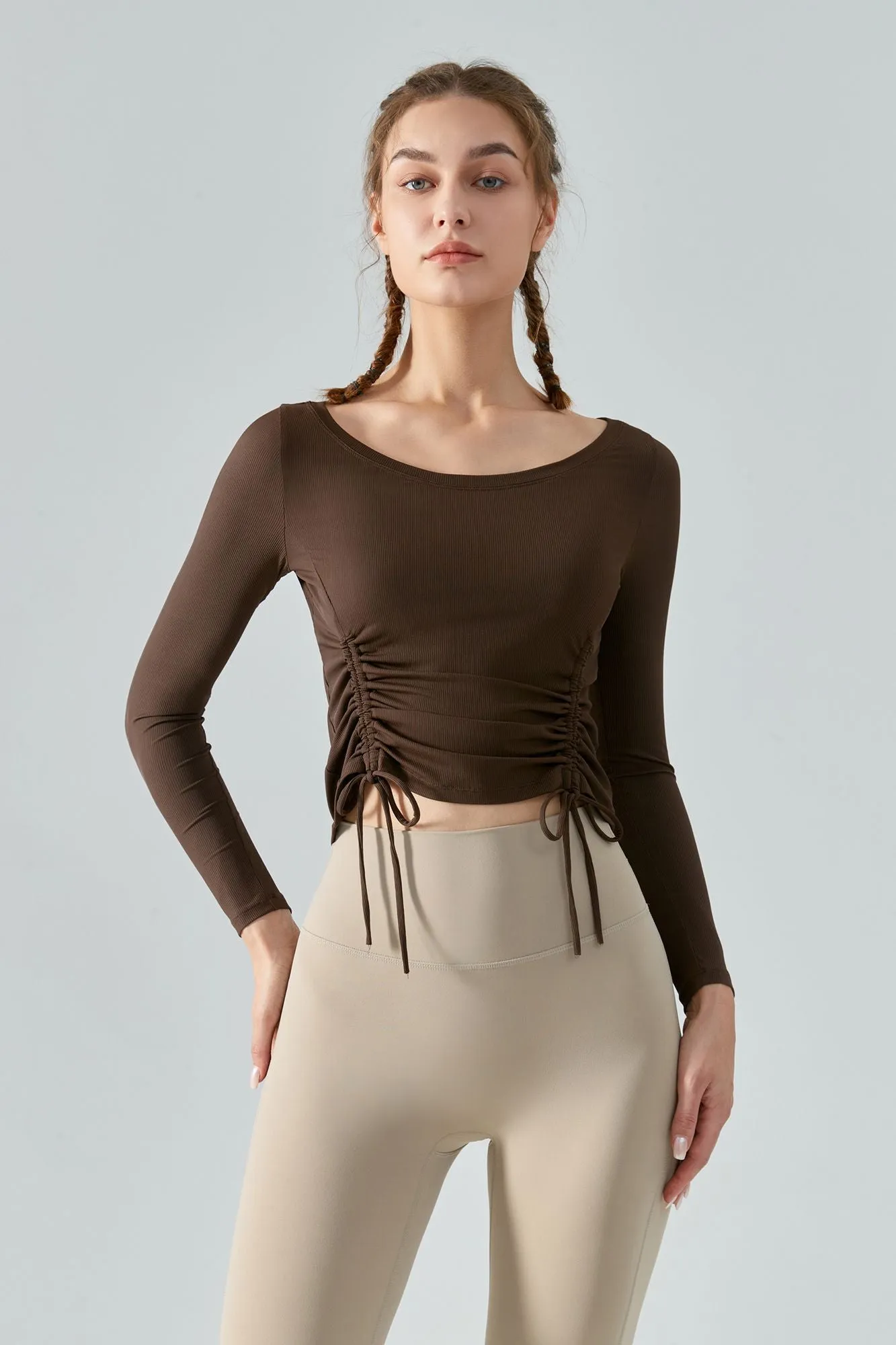 Ribbed Ruched Hem Crop Yoga Top with Drawstring