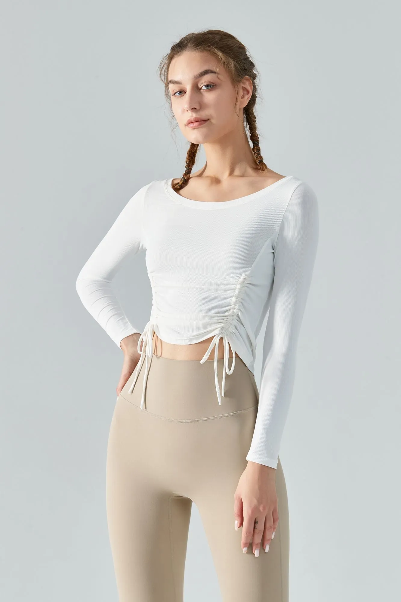 Ribbed Ruched Hem Crop Yoga Top with Drawstring