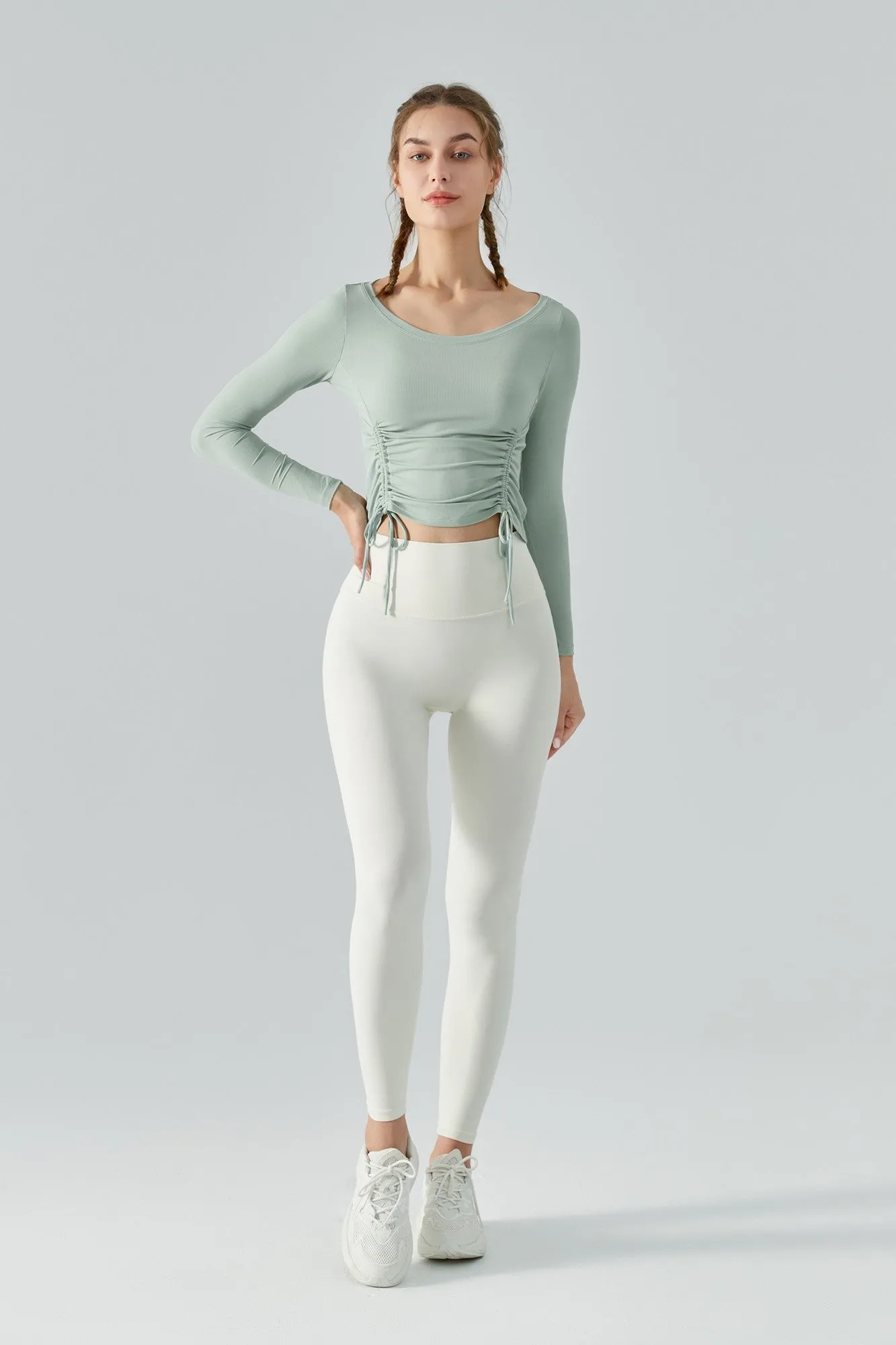 Ribbed Ruched Hem Crop Yoga Top with Drawstring