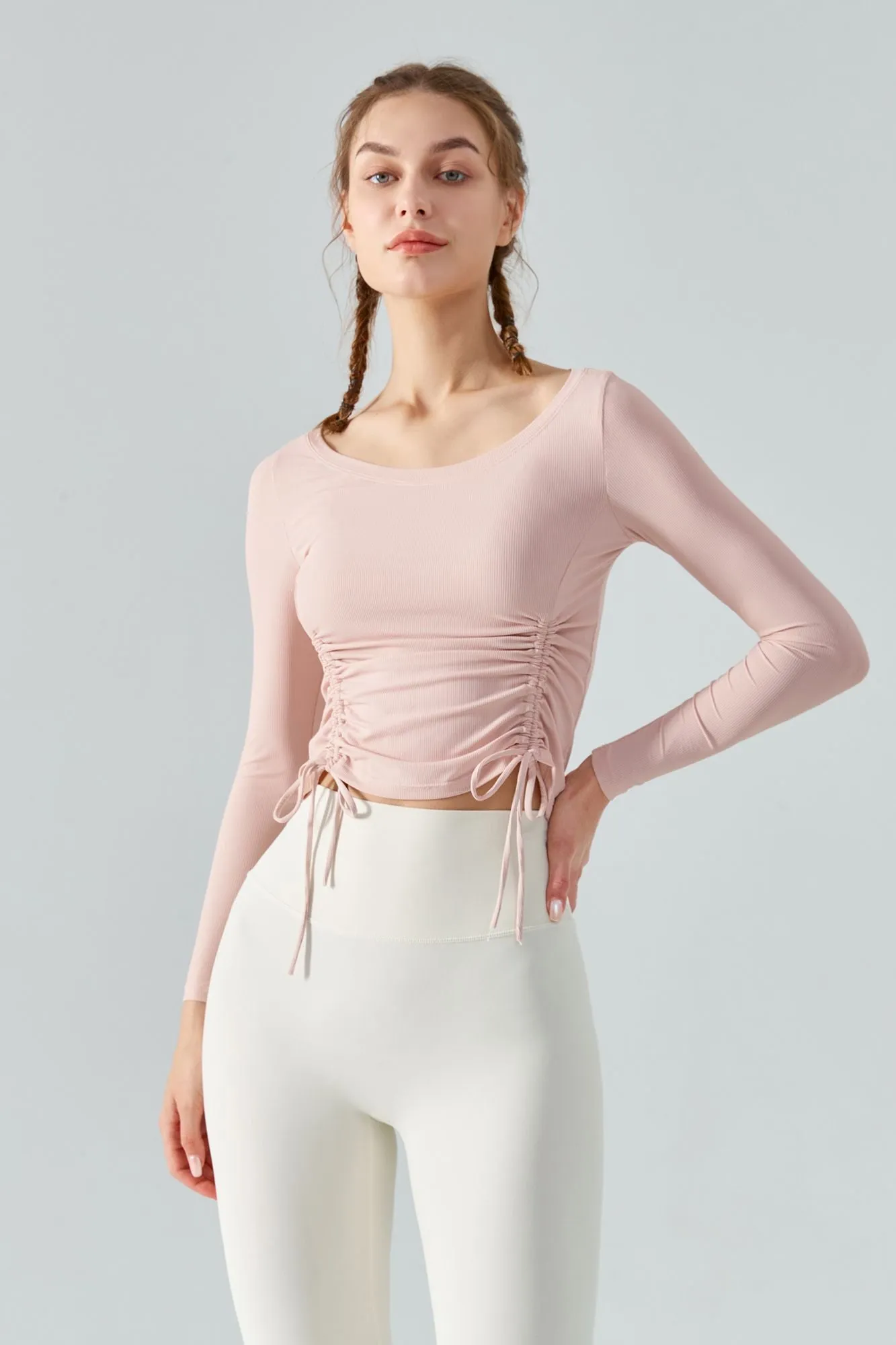 Ribbed Ruched Hem Crop Yoga Top with Drawstring