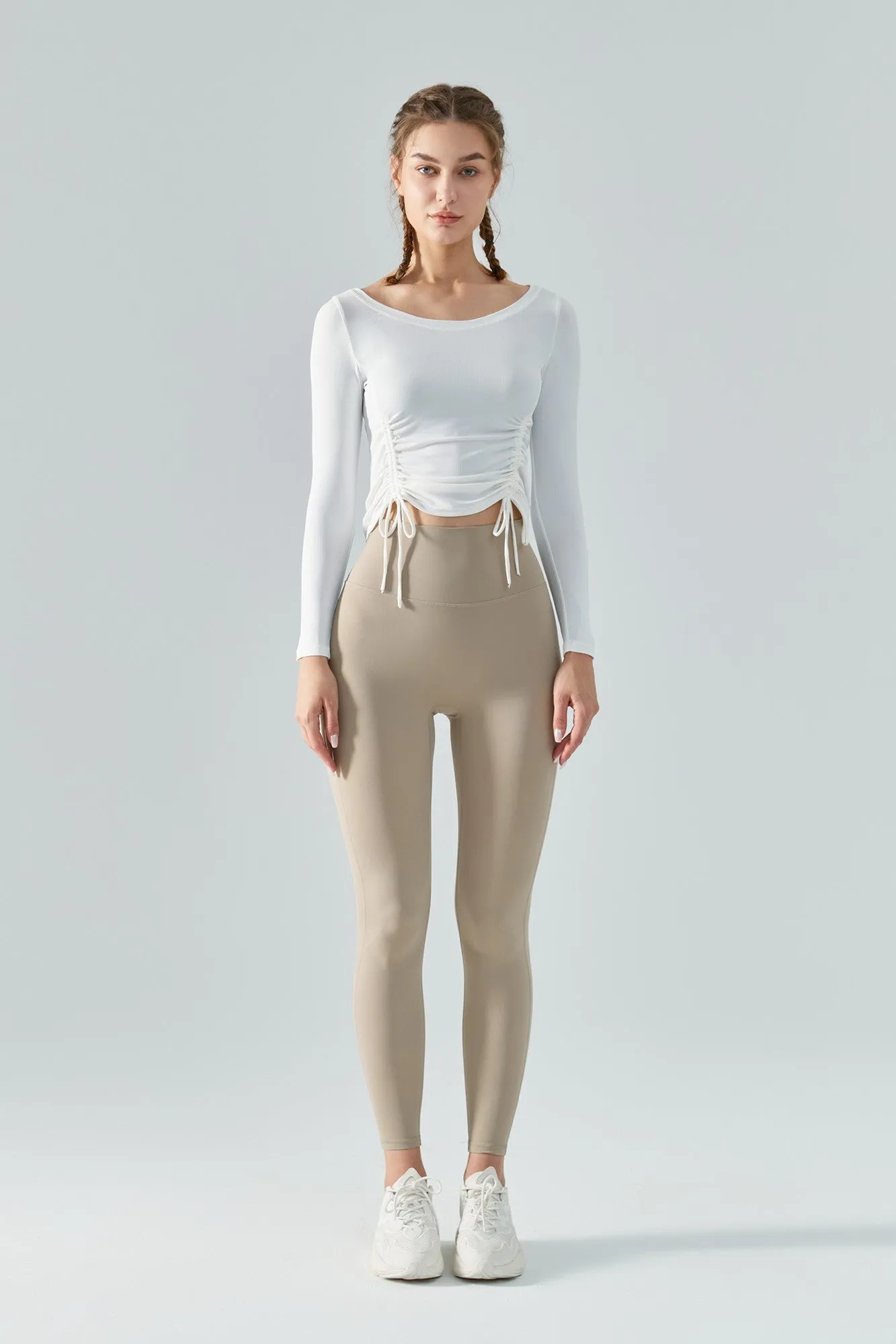 Ribbed Ruched Hem Crop Yoga Top with Drawstring