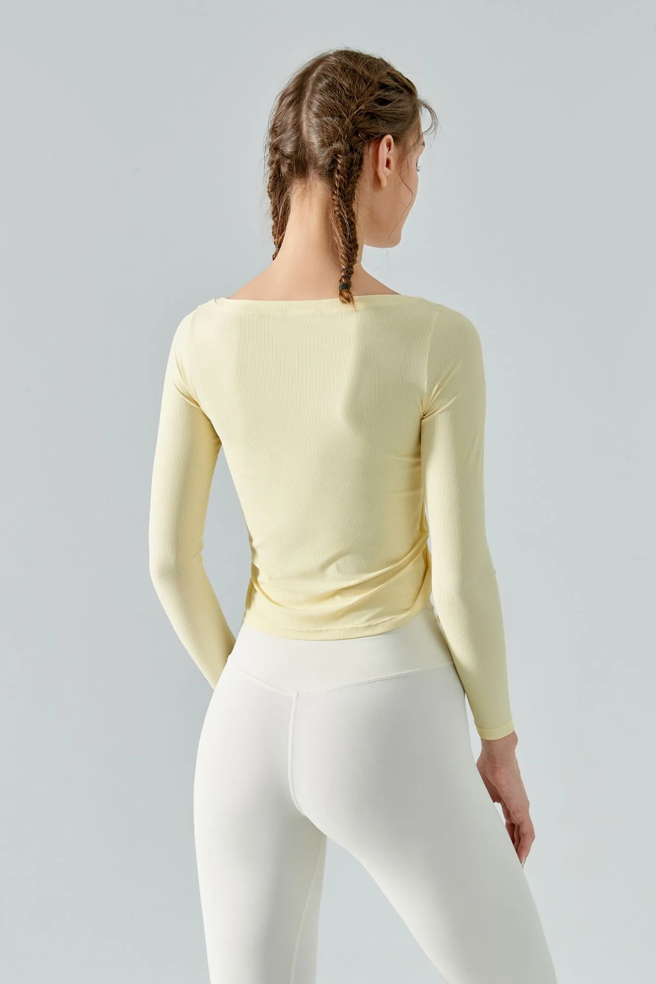 Ribbed Ruched Hem Crop Yoga Top with Drawstring