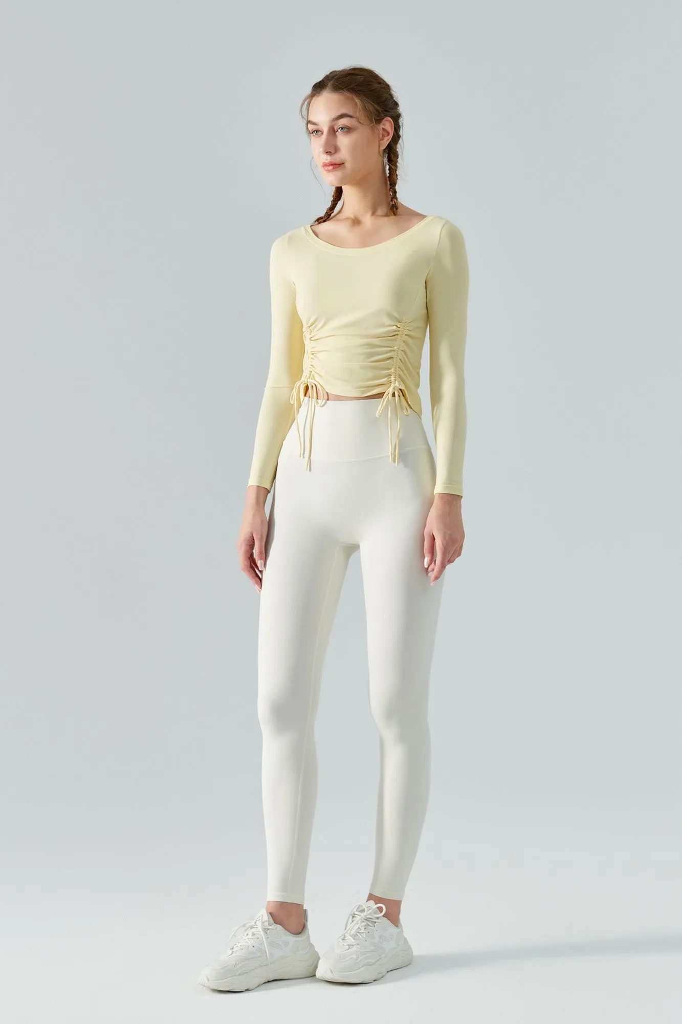 Ribbed Ruched Hem Crop Yoga Top with Drawstring