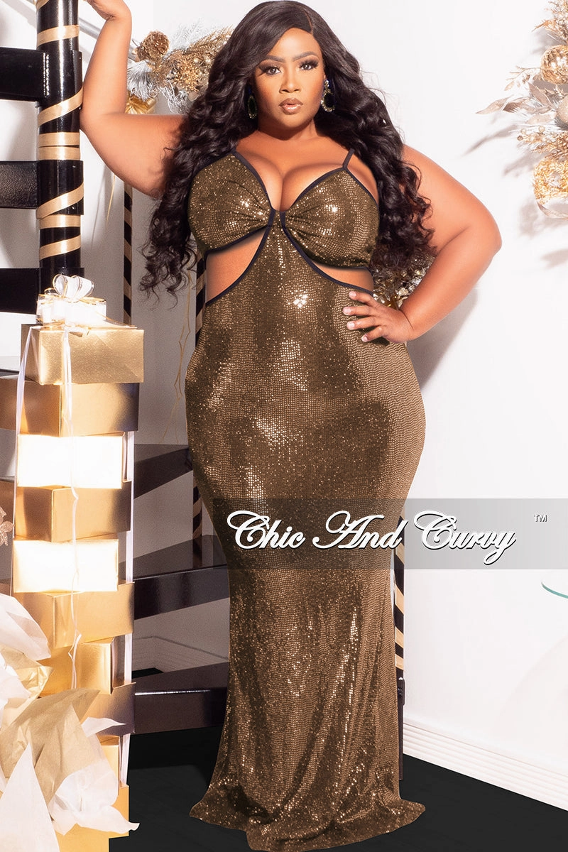 AntiPillTreatment Final Sale Plus Size Spaghetti Strap Faux Sequin Gown with Cut Outs in Gold