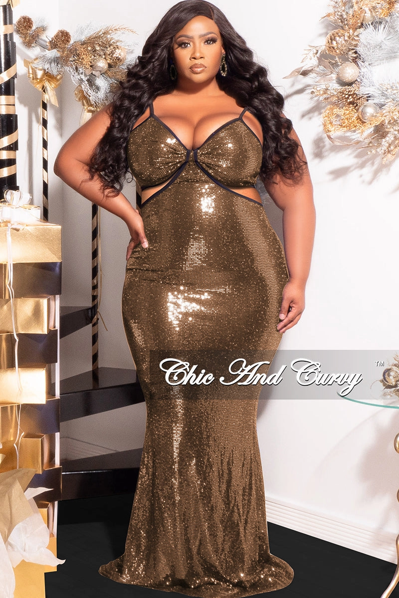 Quick Dry Blend Final Sale Plus Size Spaghetti Strap Faux Sequin Gown with Cut Outs in Gold