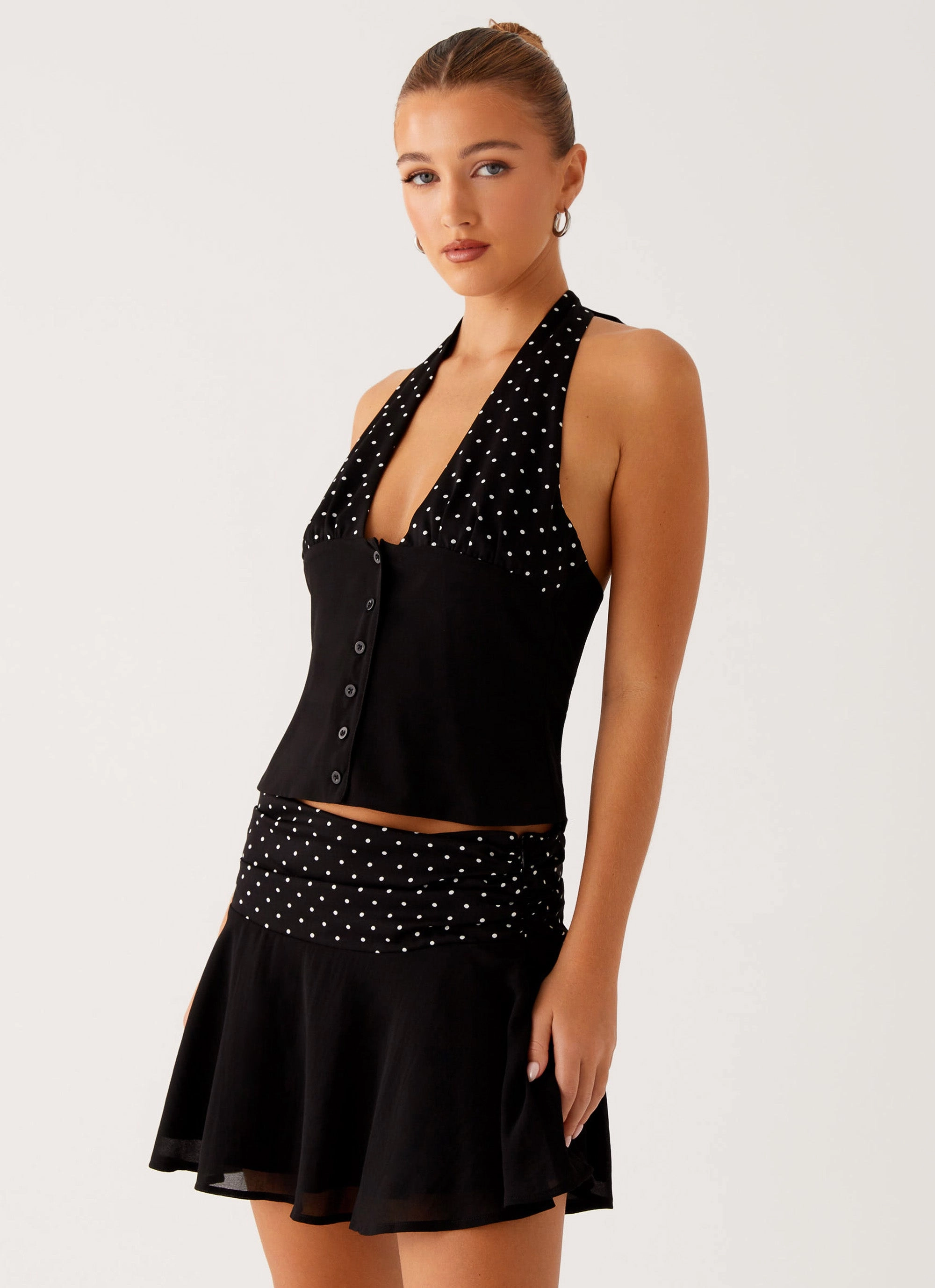 Layered Hemline Elasticated Hem Devoted Halterneck Top - Black Polka Dot