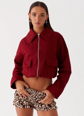 Low Profile Collar Design Right Direction Oversized Bomber Jacket - Deep Red