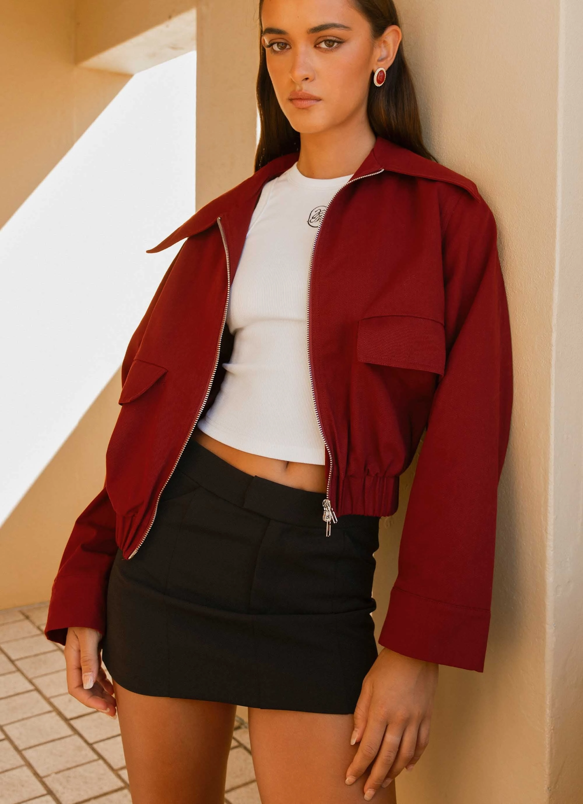 Full Length Zipper Right Direction Oversized Bomber Jacket - Deep Red