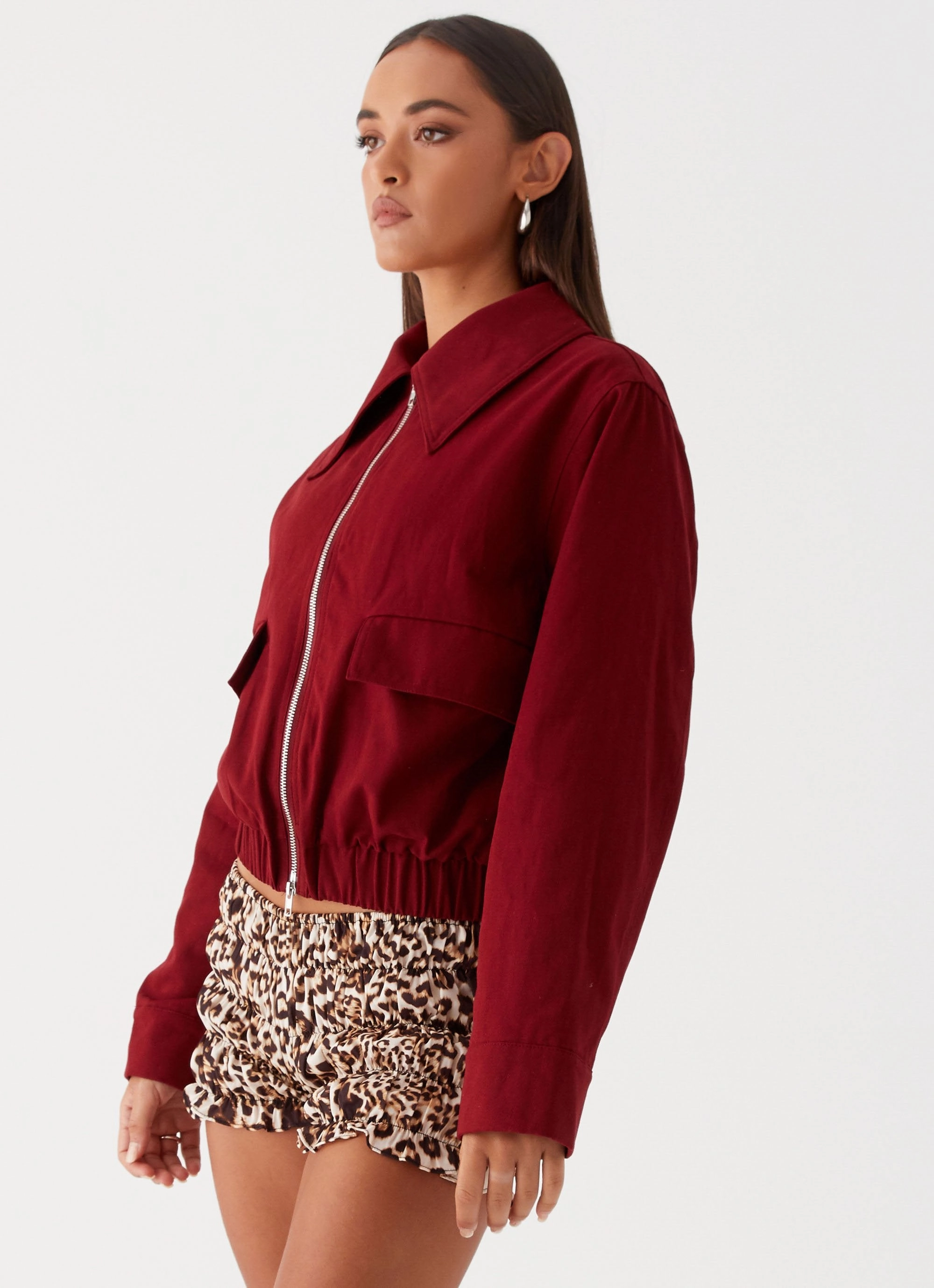 Compact Packable Feature Right Direction Oversized Bomber Jacket - Deep Red