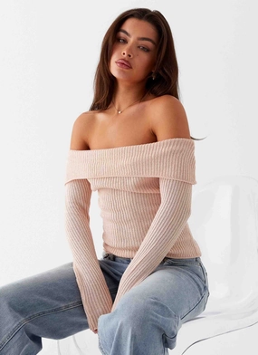 Rina Long Sleeve Knit Top - Blush Ribbed Trim Details RecycledBlend
