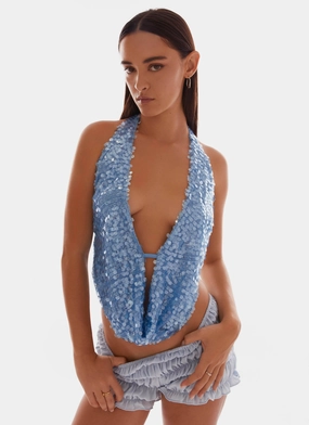 DurableReinforcement Rio Dreams Cowl Neck Halter Top - Blue