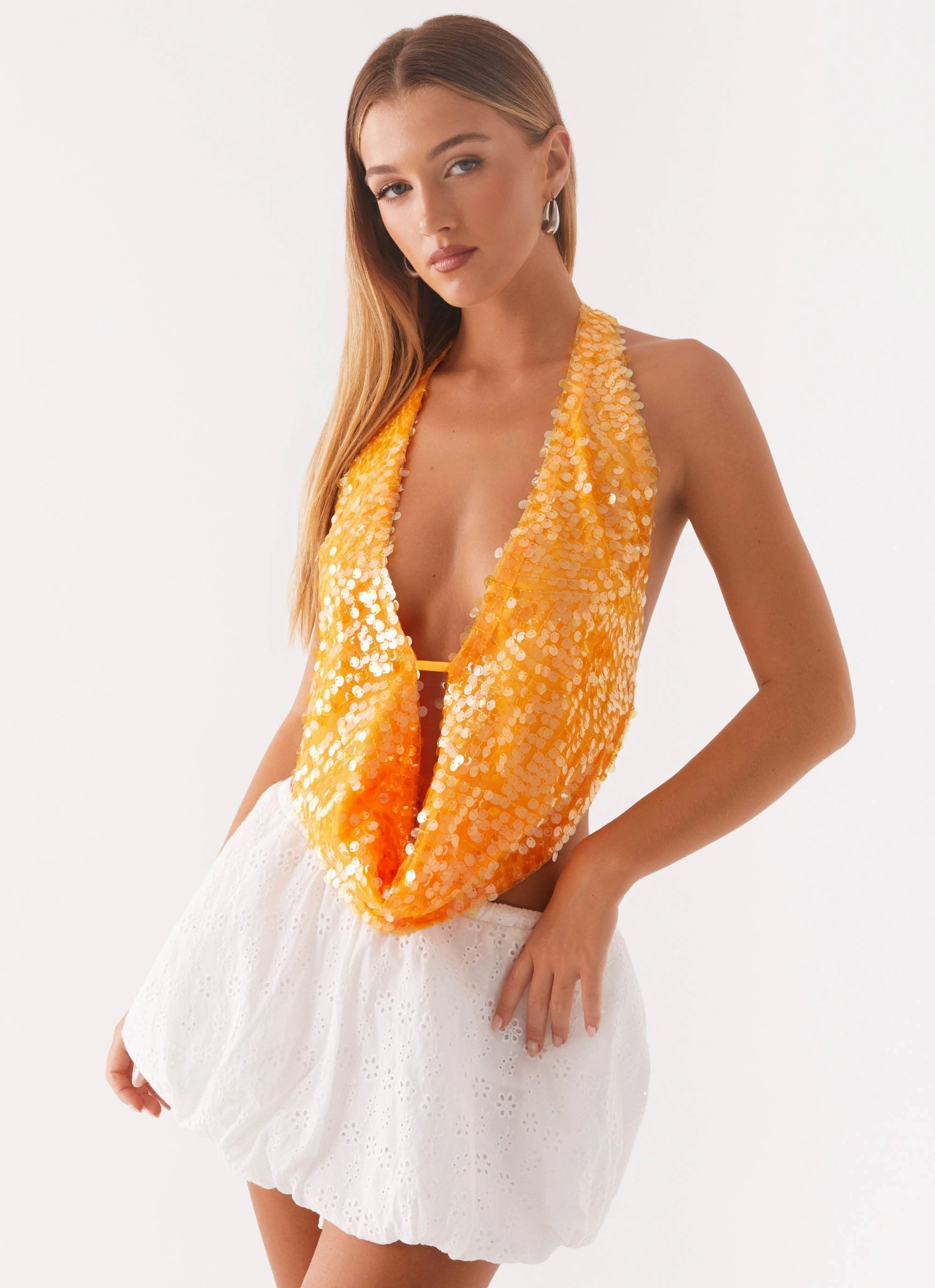 Rio Dreams Cowl Neck Halter Top - Orange AdjustableHemCuffs SoftBrushed