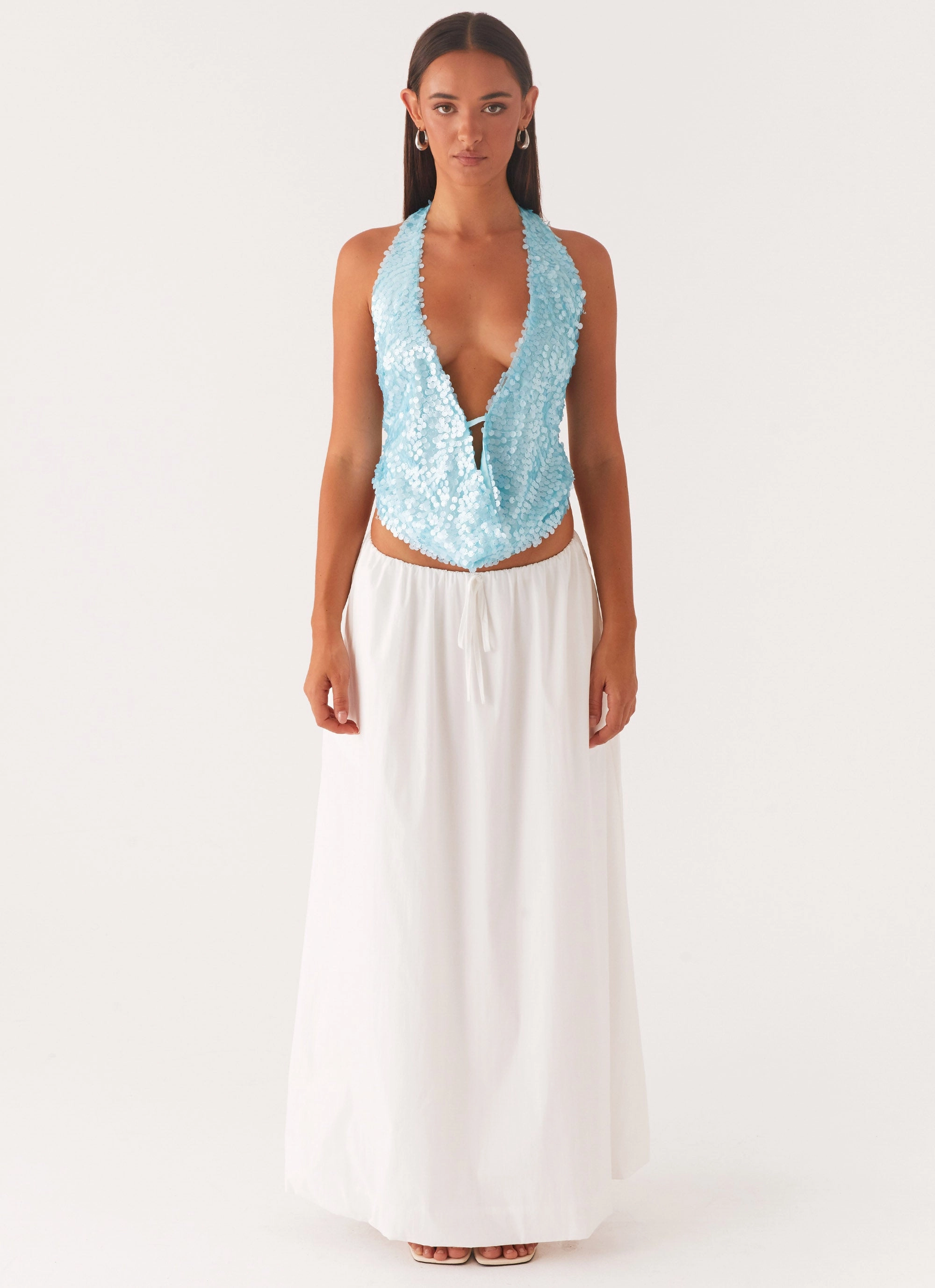 Microfiber Blended Fabric Rio Dreams Cowl Neck Halter Top - Turquoise