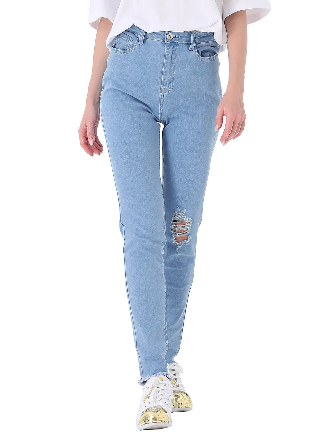 Ripped Frayed Hem Denim Stretch High Rise Skinny Ankle Jeans