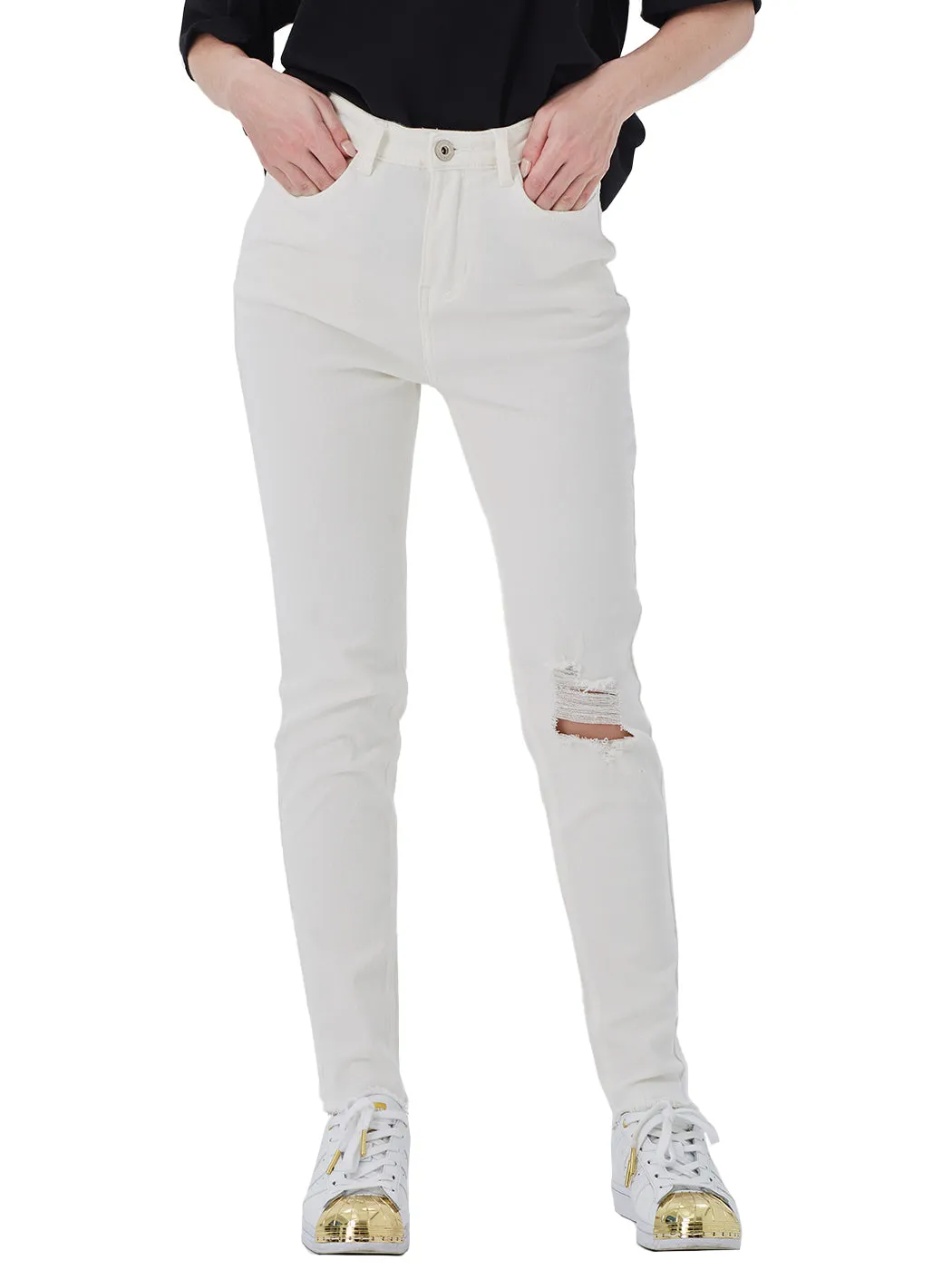 Ripped Frayed Hem Denim Stretch High Rise Skinny Ankle Jeans