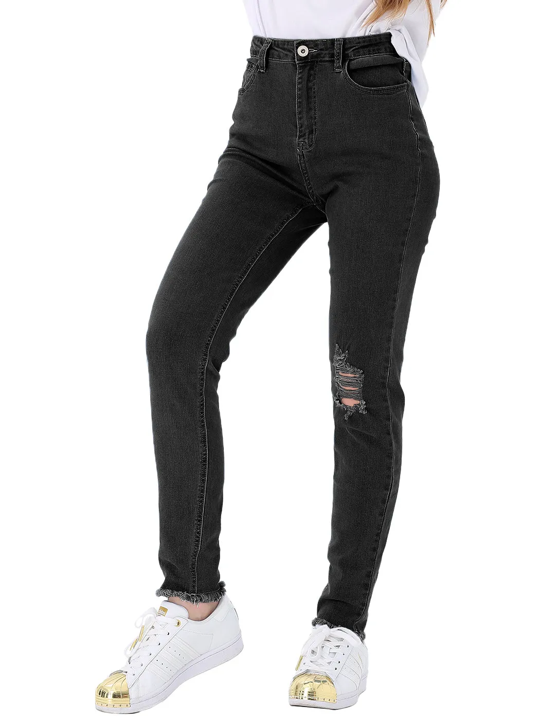 Ripped Frayed Hem Denim Stretch High Rise Skinny Ankle Jeans