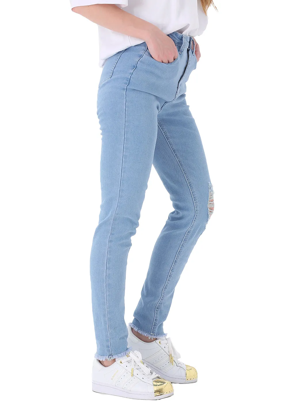 Ripped Frayed Hem Denim Stretch High Rise Skinny Ankle Jeans