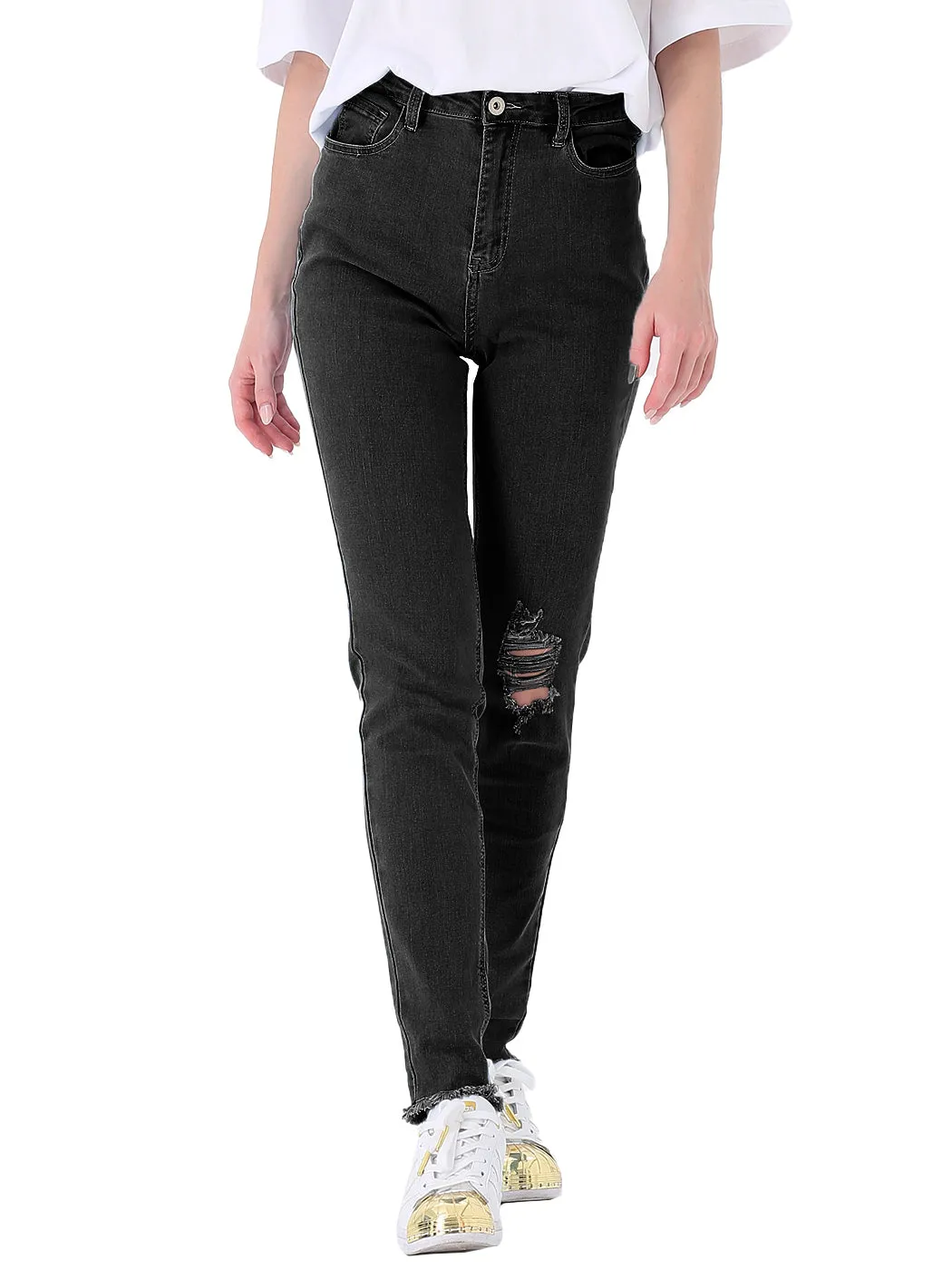 Ripped Frayed Hem Denim Stretch High Rise Skinny Ankle Jeans