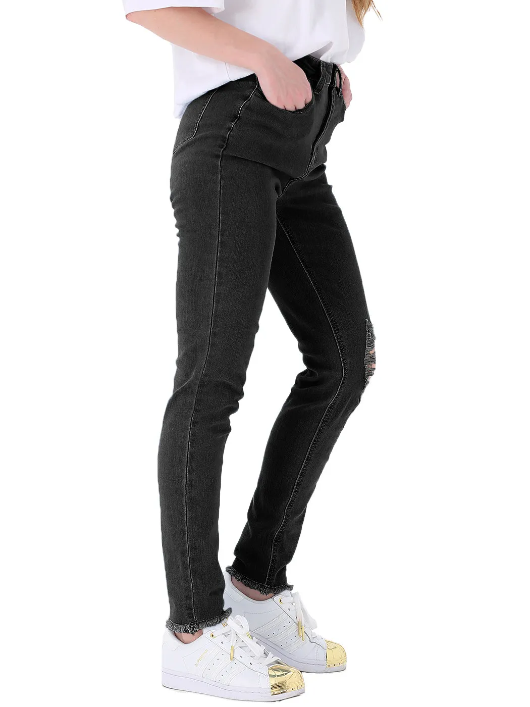 Ripped Frayed Hem Denim Stretch High Rise Skinny Ankle Jeans