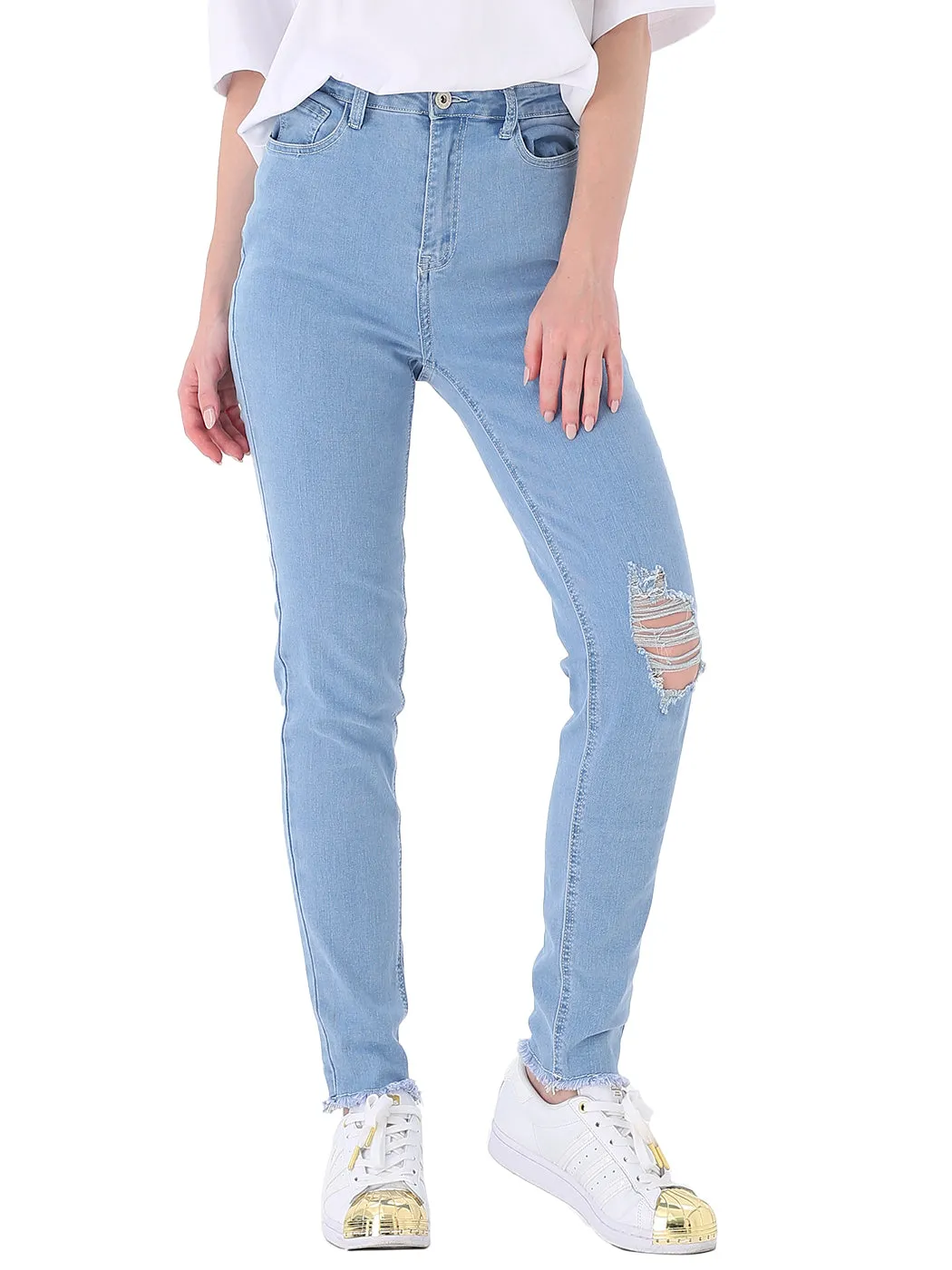 Ripped Frayed Hem Denim Stretch High Rise Skinny Ankle Jeans