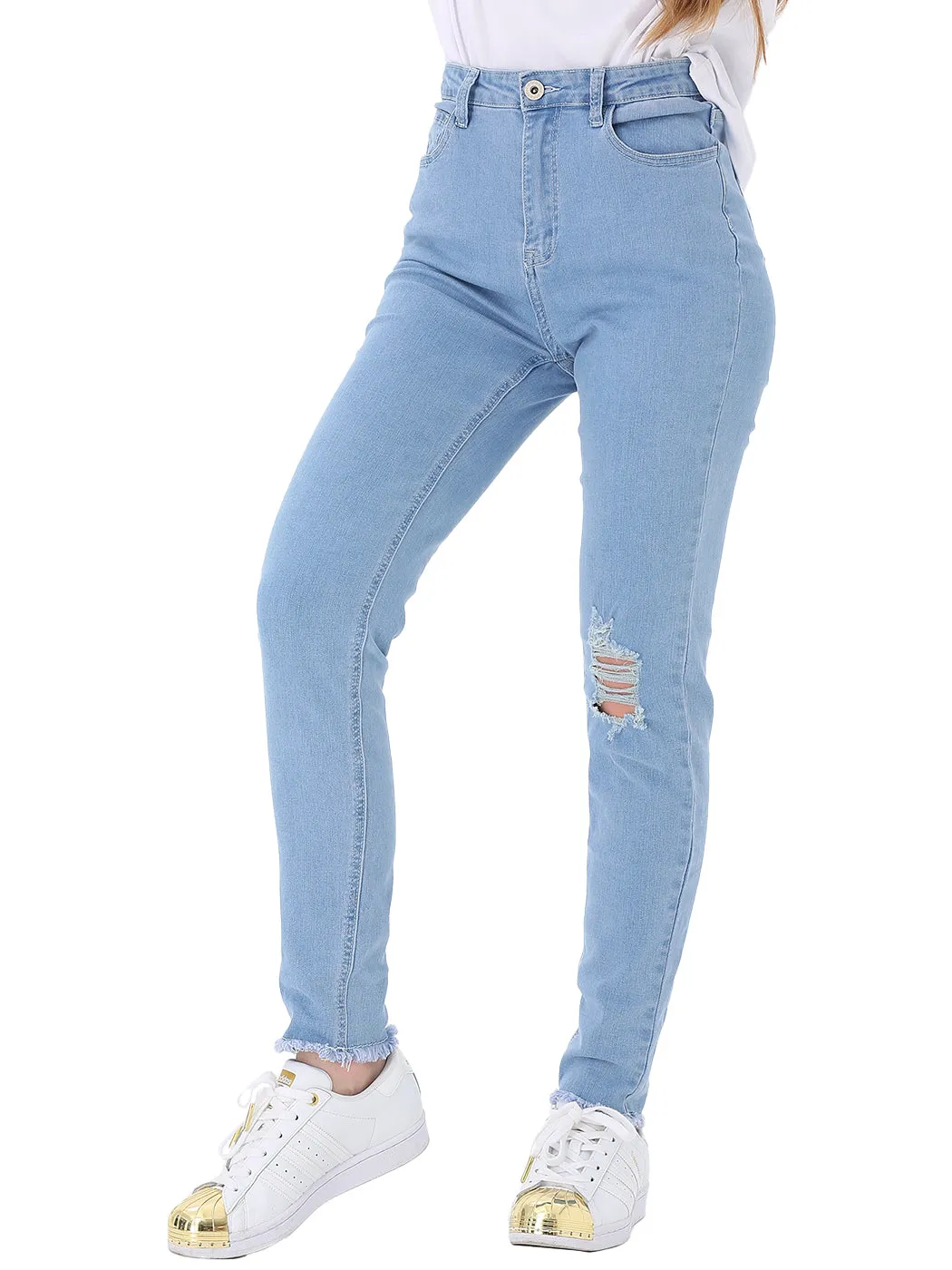 Ripped Frayed Hem Denim Stretch High Rise Skinny Ankle Jeans