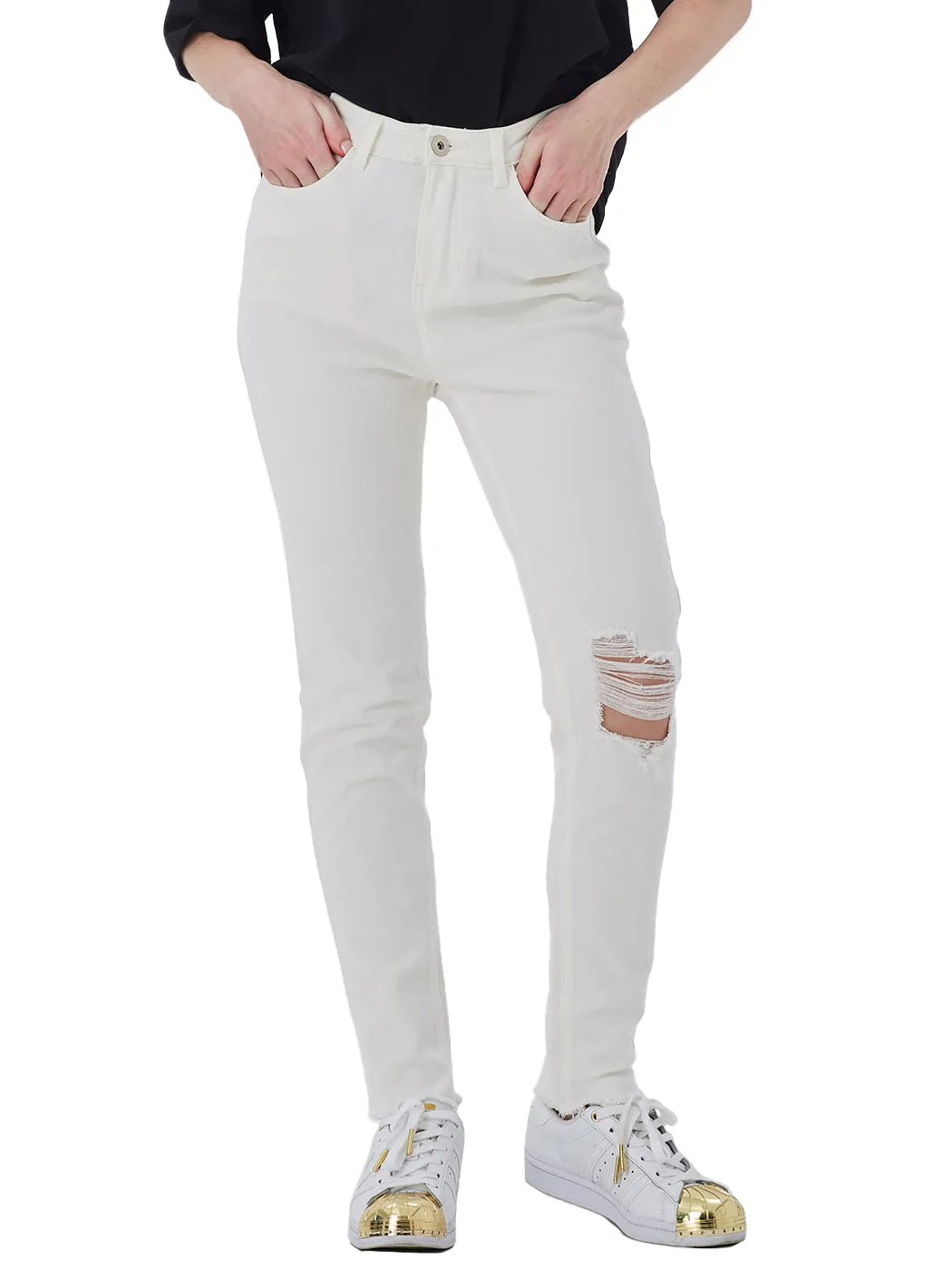 Ripped Frayed Hem Denim Stretch High Rise Skinny Ankle Jeans